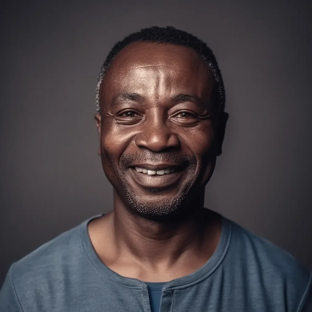 Close-up portrait of a smiling middle-aged African American man with short curly hair, wearing a blue shirt against a dark background.