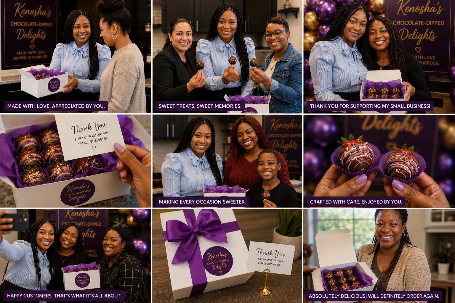 A collage of images showing women and children sharing and enjoying chocolates and treats at a small business event. Scenes include handing out chocolate-dipped treats, smiling with chocolates, a close-up of decorated chocolates and gift boxes, and groups taking selfies, with promotional signs and purple decorations in the background.