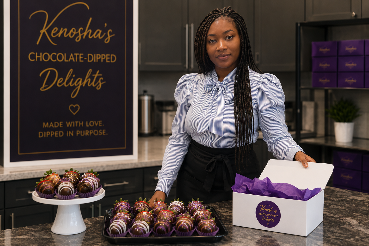 A woman with long braids and wearing a striped blouse with a bow tie stands behind a marble counter in a shop. She is organizing chocolate-covered strawberries decorated with colorful drizzles and sprinkles. There is a sign on the wall behind her reading 'Kenosha's Chocolate-Dipped Delights,' and purple boxes are stacked on a shelf to the right.