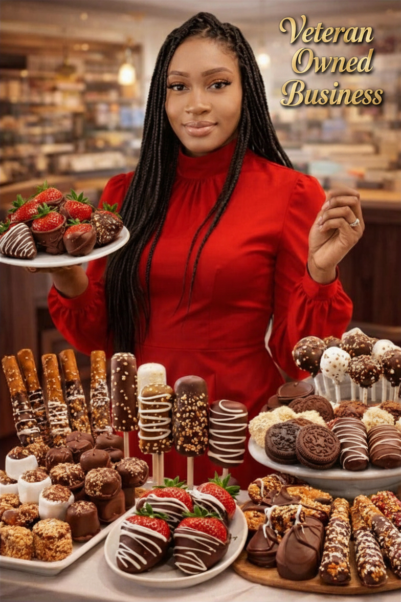 A woman in a red dress holding a plate of strawberries and chocolate-covered treats, standing behind a table filled with an assortment of desserts, with the words "Veteran Owned Business" in the top right corner.