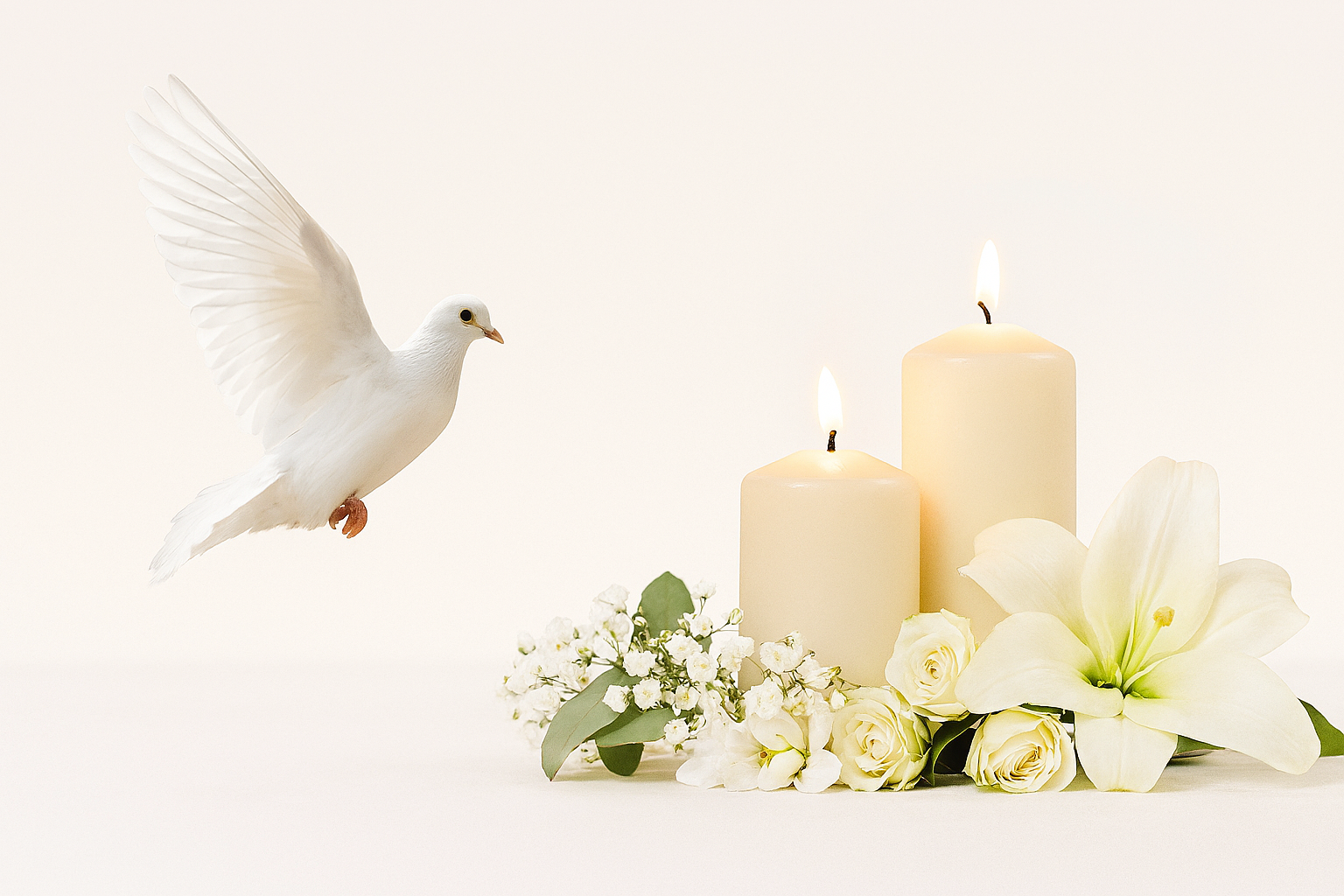 White dove flying near white candles and flowers, including roses and lilies, on a white background.