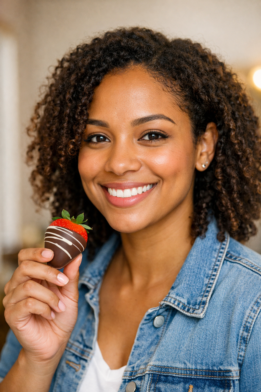A young woman with curly hair smiling and holding a chocolate-dipped strawberry