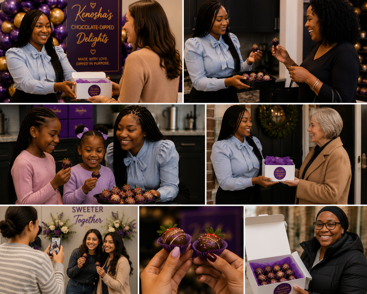 People sharing and enjoying chocolate-covered strawberries and cupcakes at a gathering, with festive decorations and a sign reading "Kenosha's Chocolate-Dipped Delights."