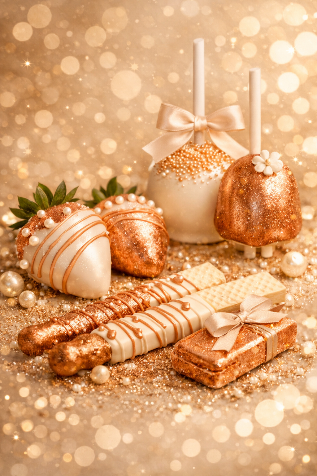 Decorative holiday sweets including strawberries dipped in white and gold chocolates with pearls and glitter, candy sticks with ribbons, and wafers and cookies, set against a sparkling gold background.