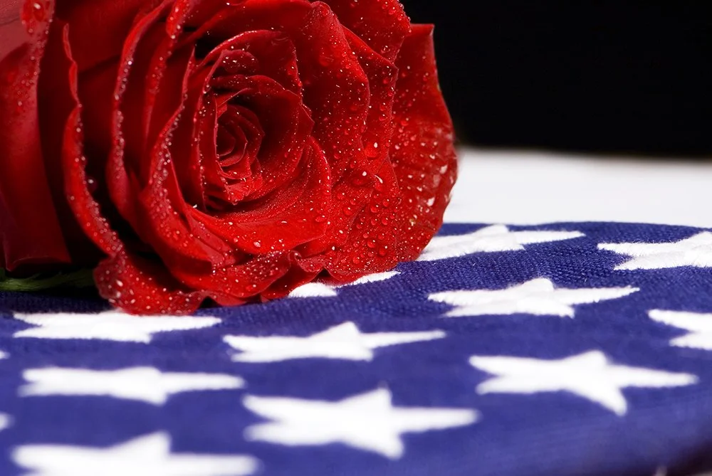 A close-up of a red rose with water droplets on its petals, resting on an American flag with white stars on a blue background.
