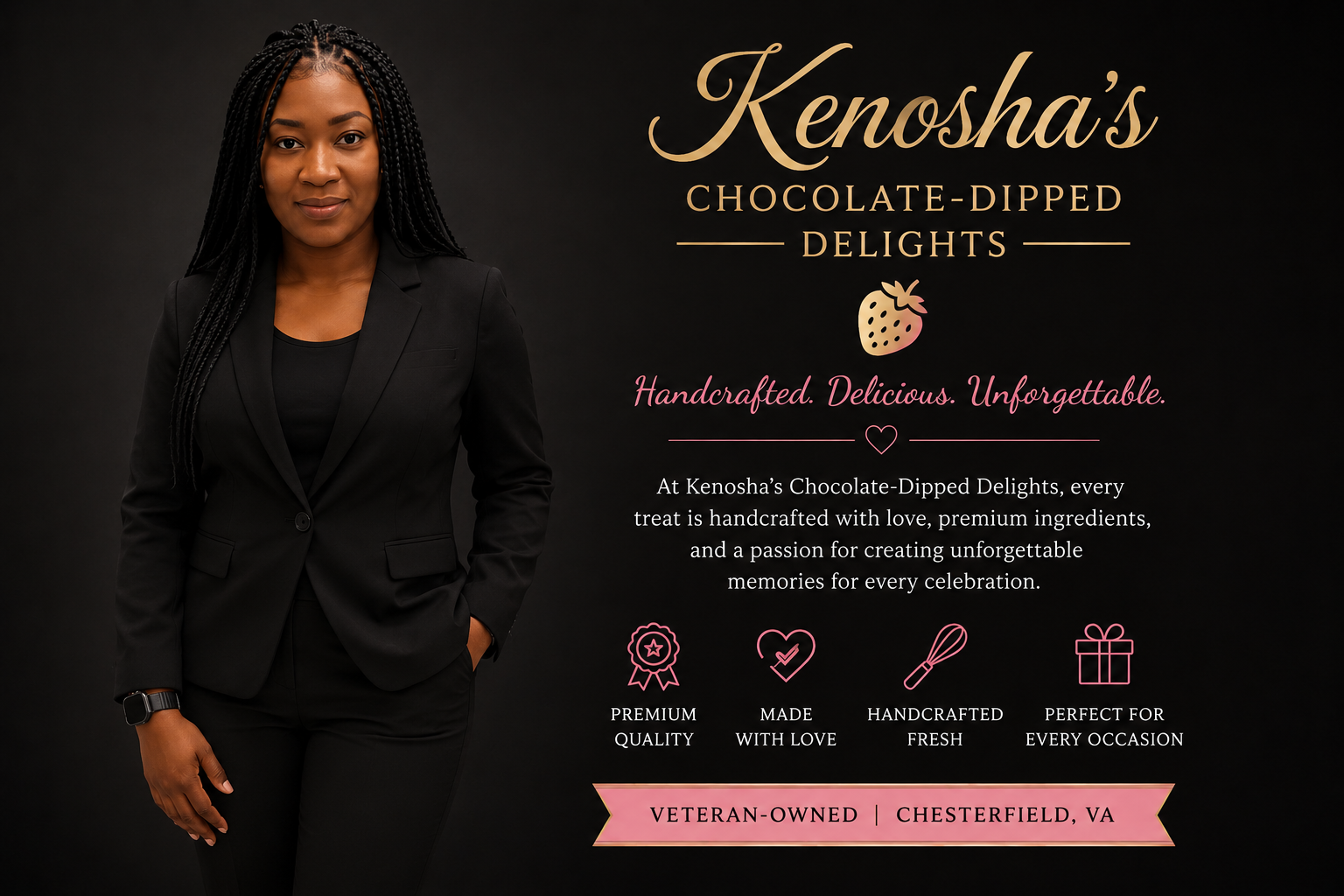 A woman in a black suit standing with her hand in her pocket next to promotional graphic for Kenosha's Chocolate-Dipped Delights. The text highlights handcrafted, delicious, unforgettable treats, emphasizing quality, love, and freshness, and mentions the business is veteran-owned in Chesterfield, VA.