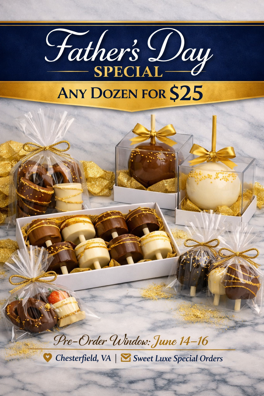 Advertisement for a Father's Day special offering a dozen baked goods for $25, including decorated cake pops, with pre-order window from June 14 to 16, located in Chesterfield, VA, with contact options for orders.