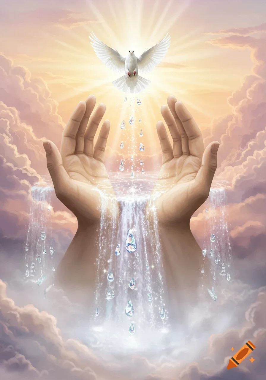 A digital artwork featuring two large human hands raised with palms up, from which water cascades like waterfalls and drops fall, with a glowing white dove flying above with radiant light behind it, all set against a colorful sky with clouds and sunlight.