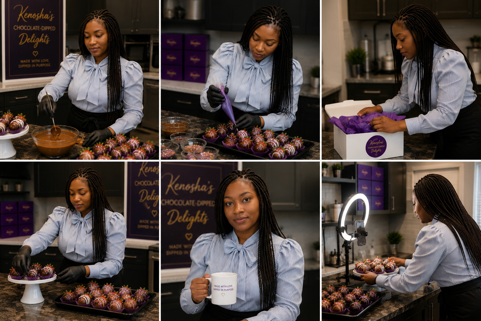 A woman in a striped blue blouse and black gloves decorates chocolate-dipped strawberries in a modern kitchen, with a ring light setup and a sign advertising Kenosha's chocolate-dipped delights.