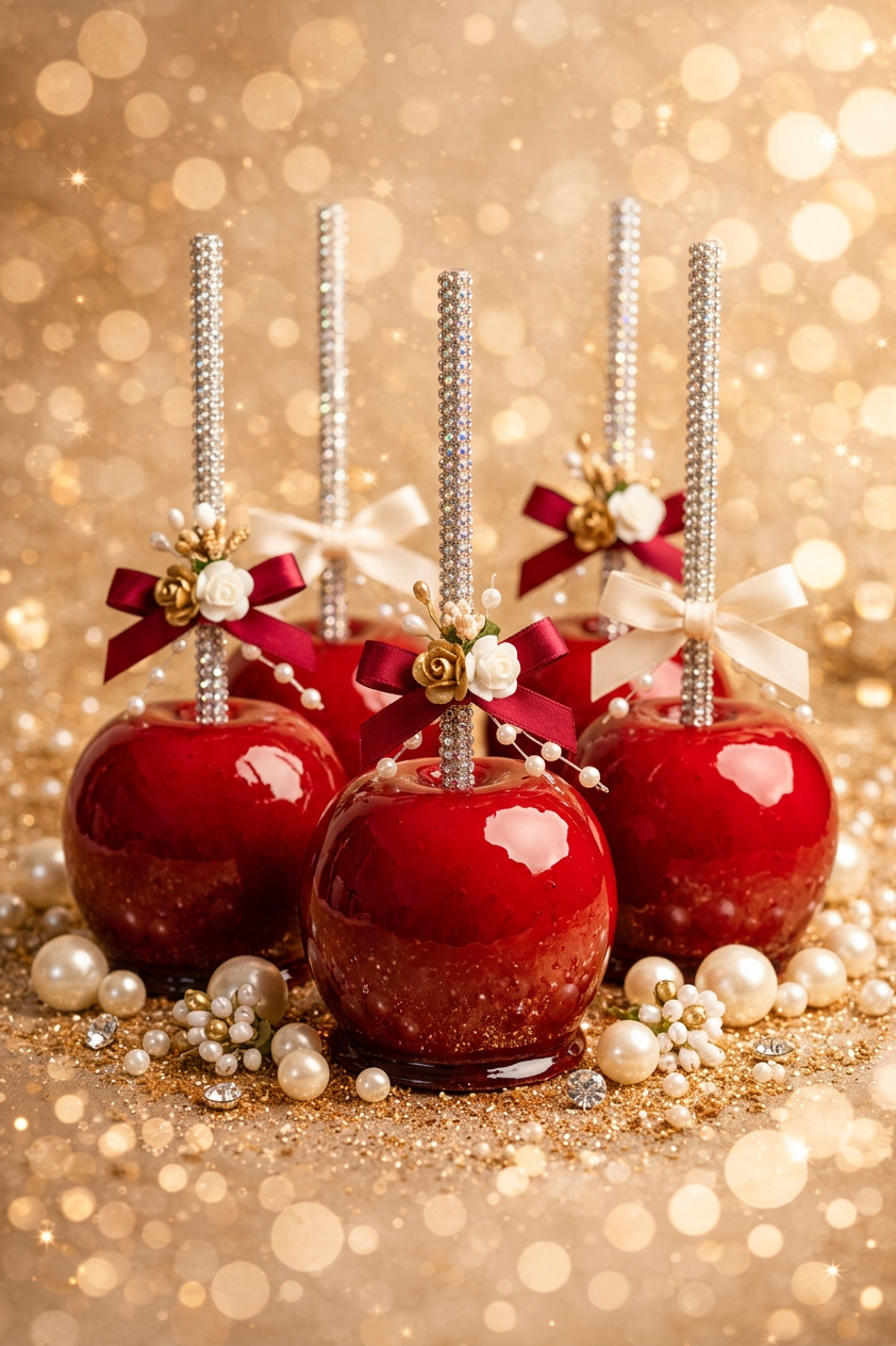 Four red candy apples decorated with white and burgundy bows, tiny flowers, and pearls, surrounded by pearls and sparkling decorations on a glittery gold background.