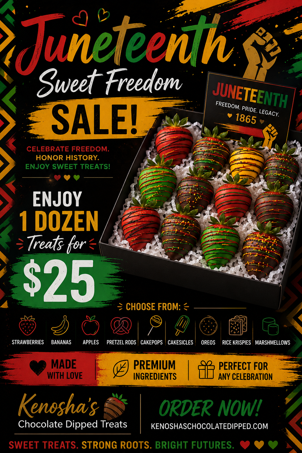 Colorful advertisement for Juneteenth chocolate dipped strawberries with bold text about a sale, celebration, and ordering details, featuring a box of decorated strawberries and icons of various treats.