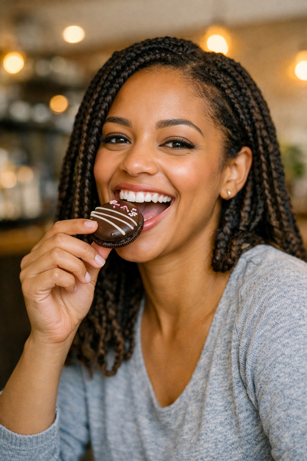 A smiling woman with braids enjoying a chocolate cupcake topped with pink sprinkles and white icing in a cozy cafe.