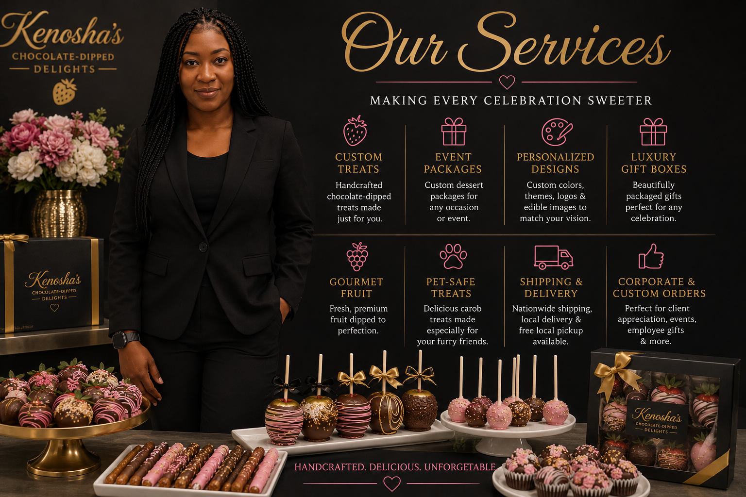 A woman in a black blazer standing behind a display of decorated chocolate-covered treats at Kenosha's chocolate-dipped delights. The backdrop highlights services like custom treats, event packages, personalized designs, luxury gift boxes, gourmet fruit, pet-safe treats, shipping, and corporate orders.