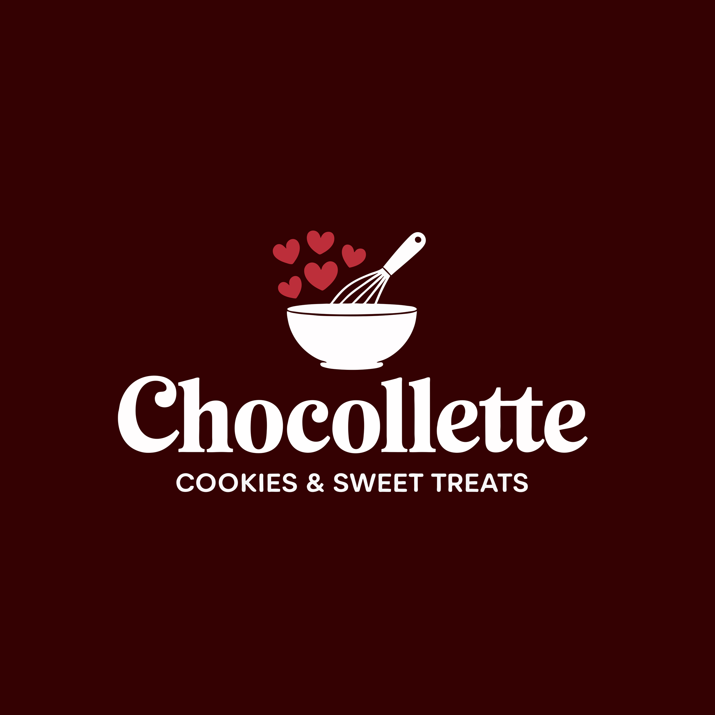 Logo for Chocollette, featuring a white bowl with a whisk and red hearts above it on a dark red background, with the text 'Chocollette Cookies & Sweet Treats'.