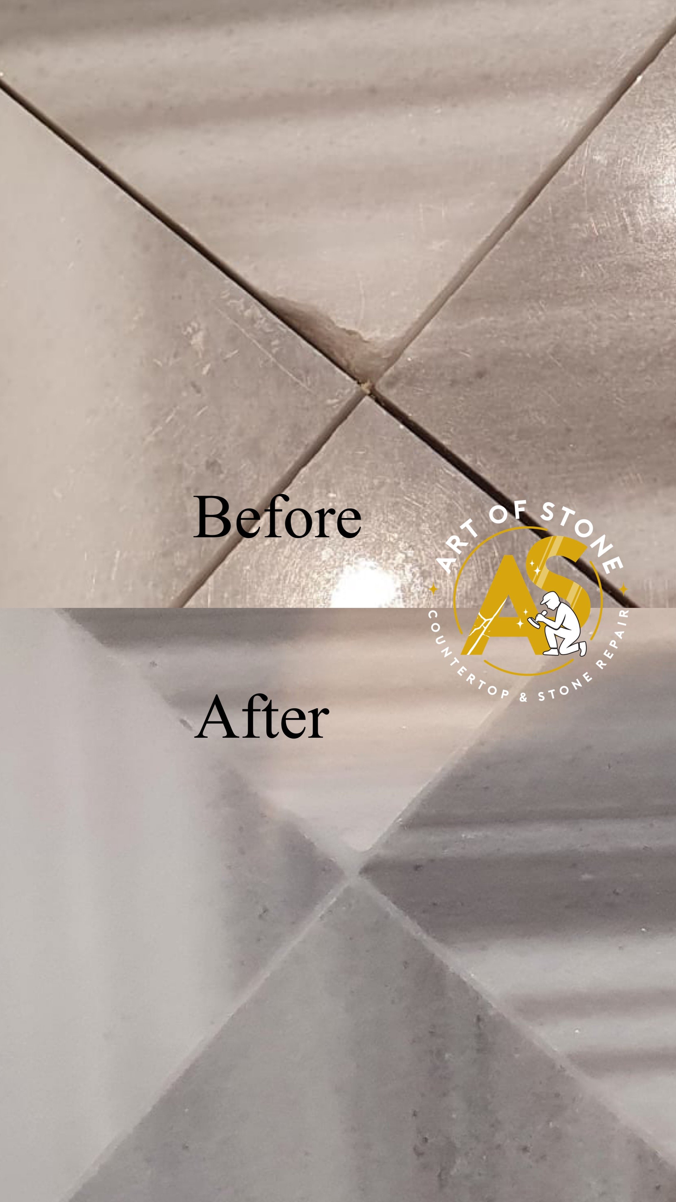 Before and after stone tile corner repair with precise edge rebuilding and smooth surface blending.