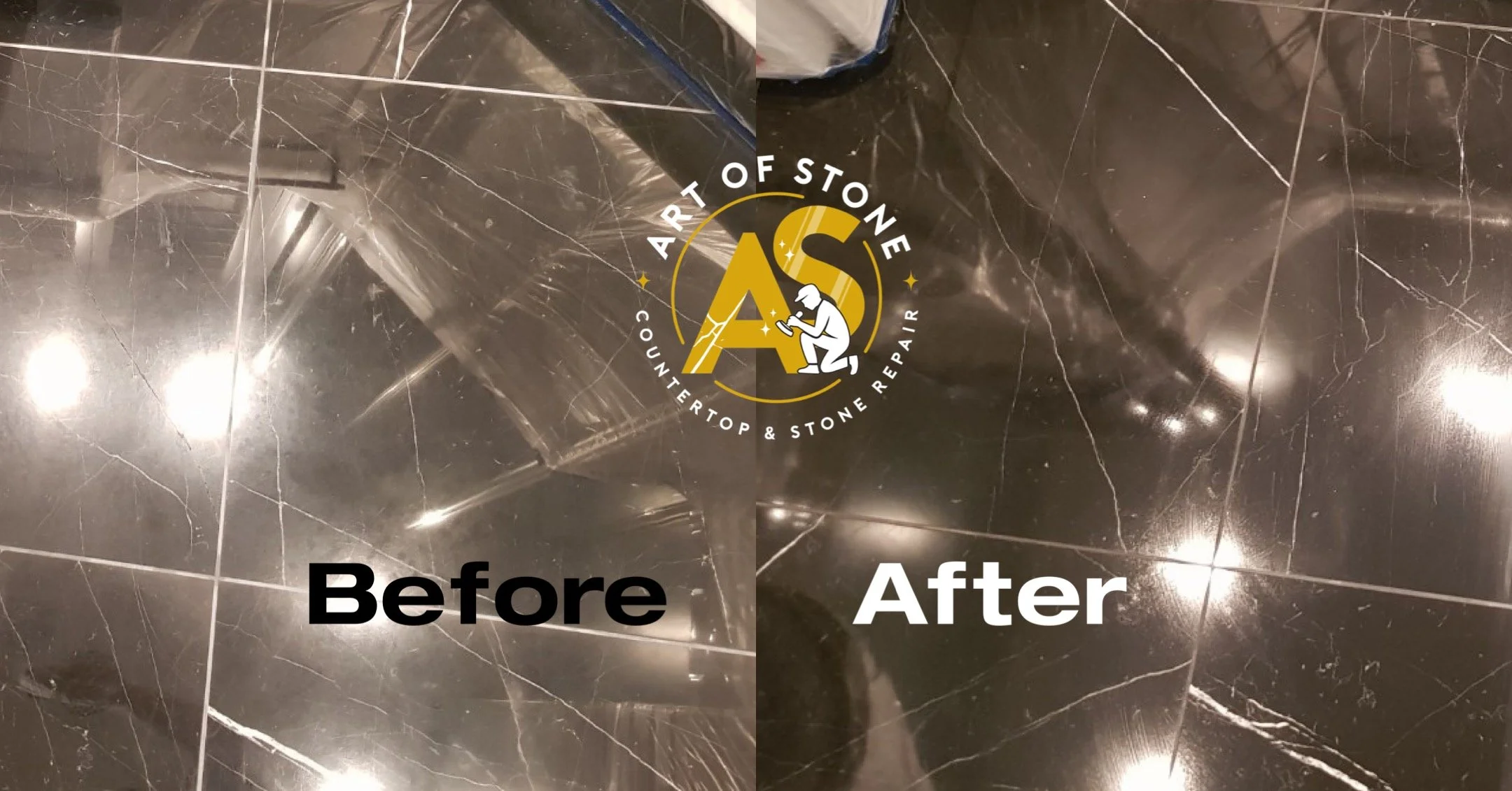 Before and after marble floor deep cleaning and color-enhancing sealer application, restoring shine and rich natural color
