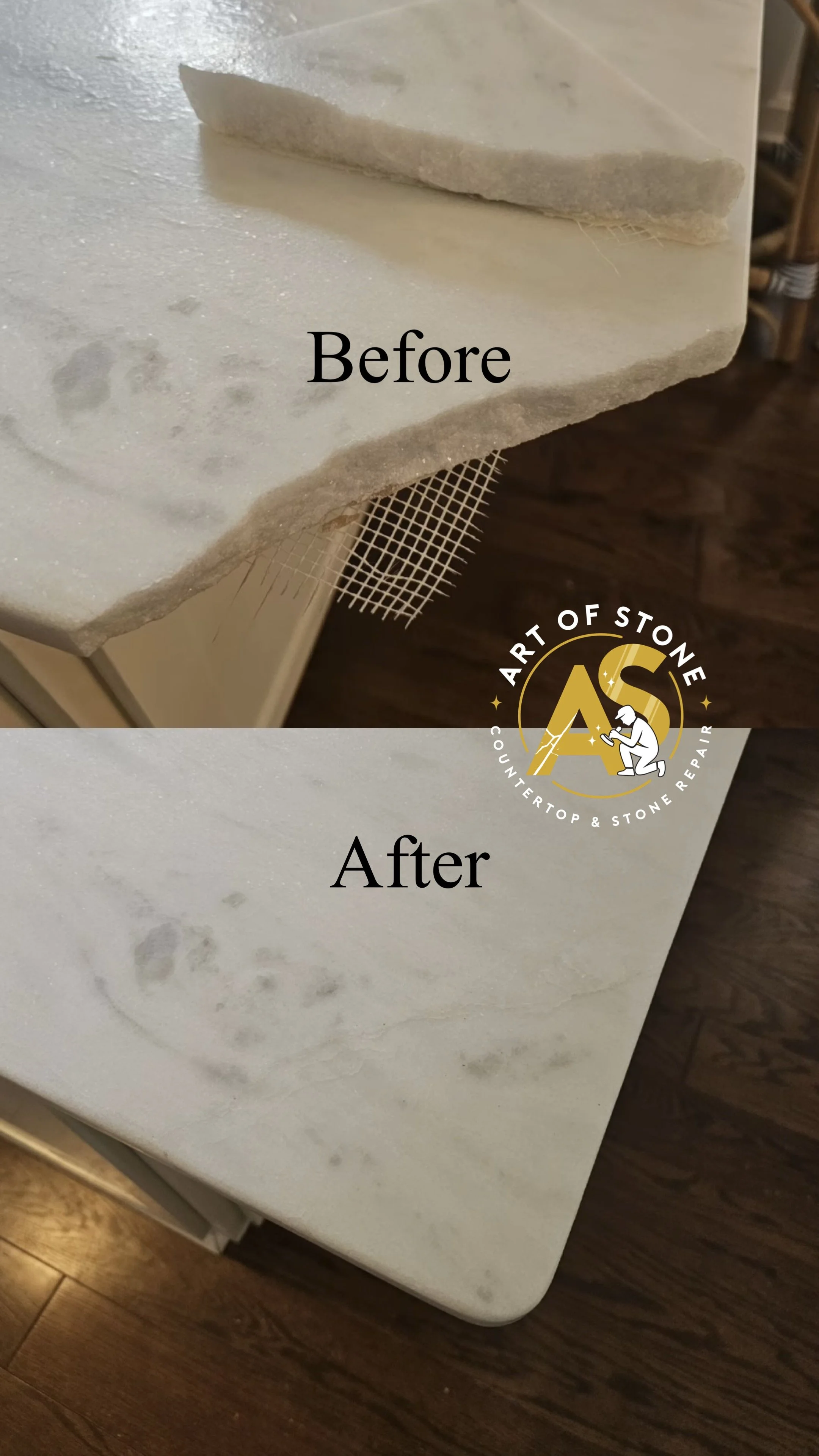 Before and after Marble Kitchen Island Corner Repair – On-Site Seamless Restoration, crack filling and surface refinishing, restoring the original look of the stone.