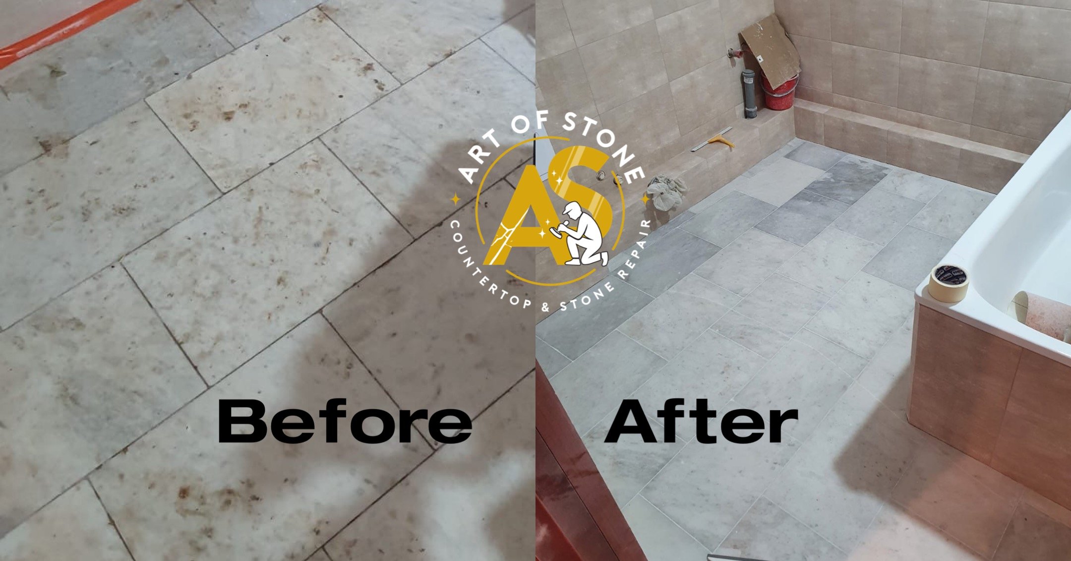 Before and after natural stone tile deep cleaning and regrouting with color-matched grout