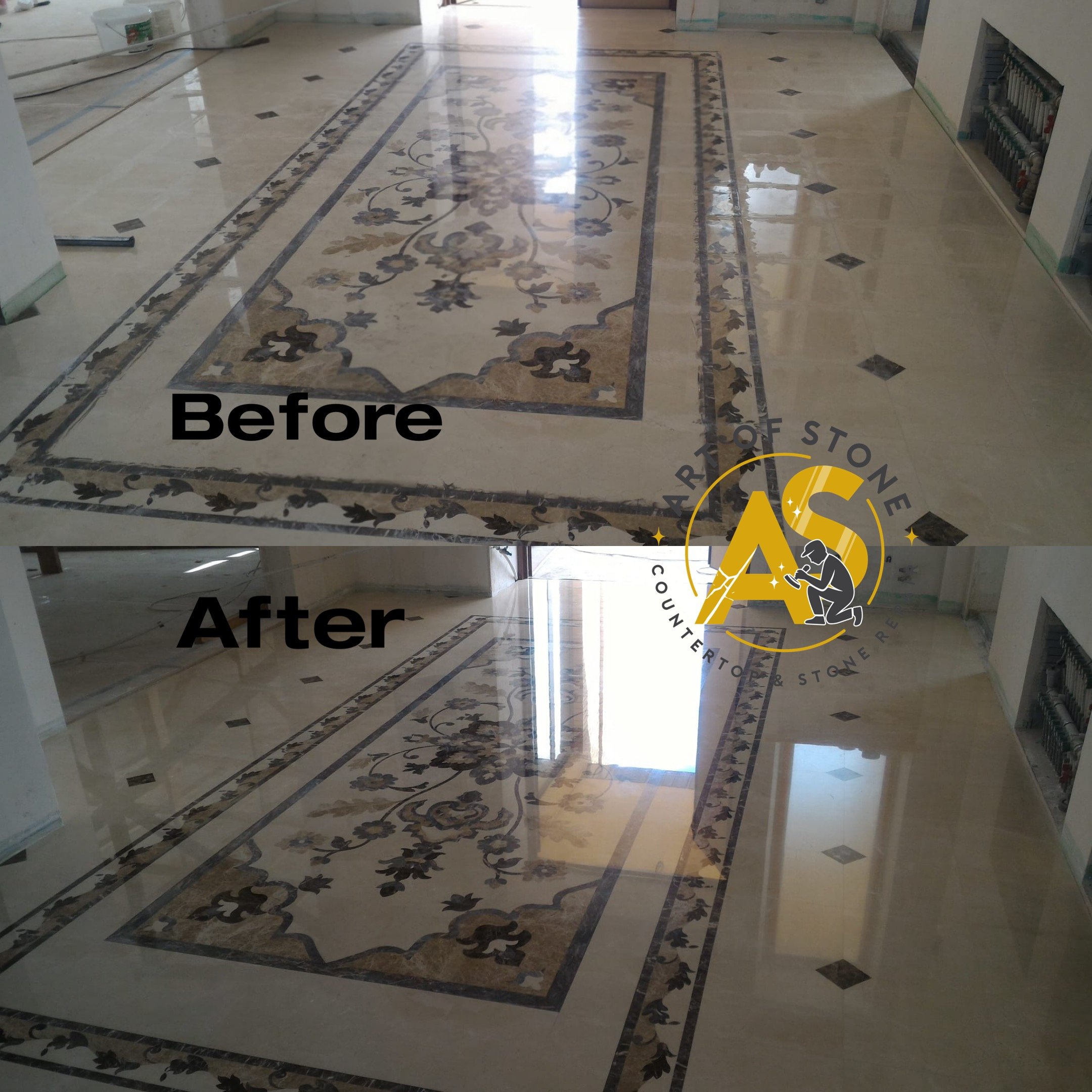 Marble floor with decorative inlay before and after polishing and crystallization treatment