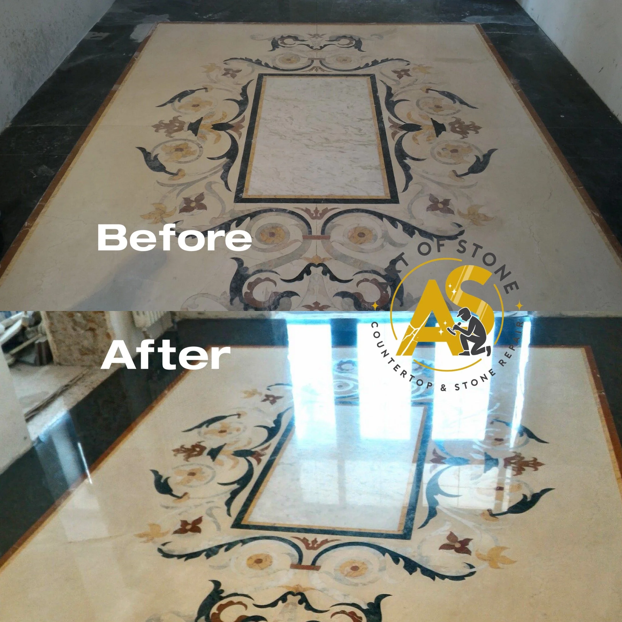 Before and after marble floor polishing and crystallization, restoring natural shine and reflective finish