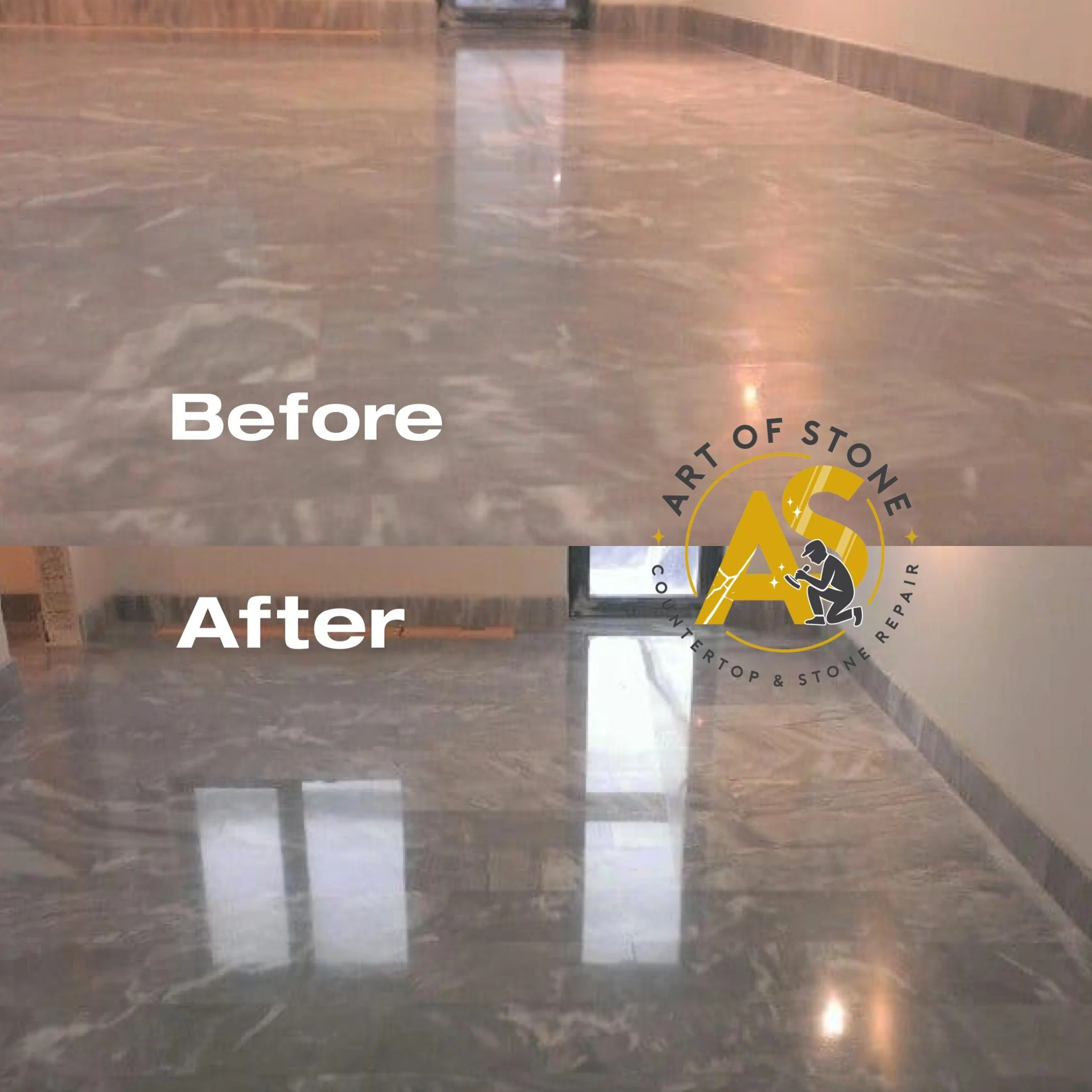 Professional marble floor restoration with polishing and crystallization for high-gloss finish
