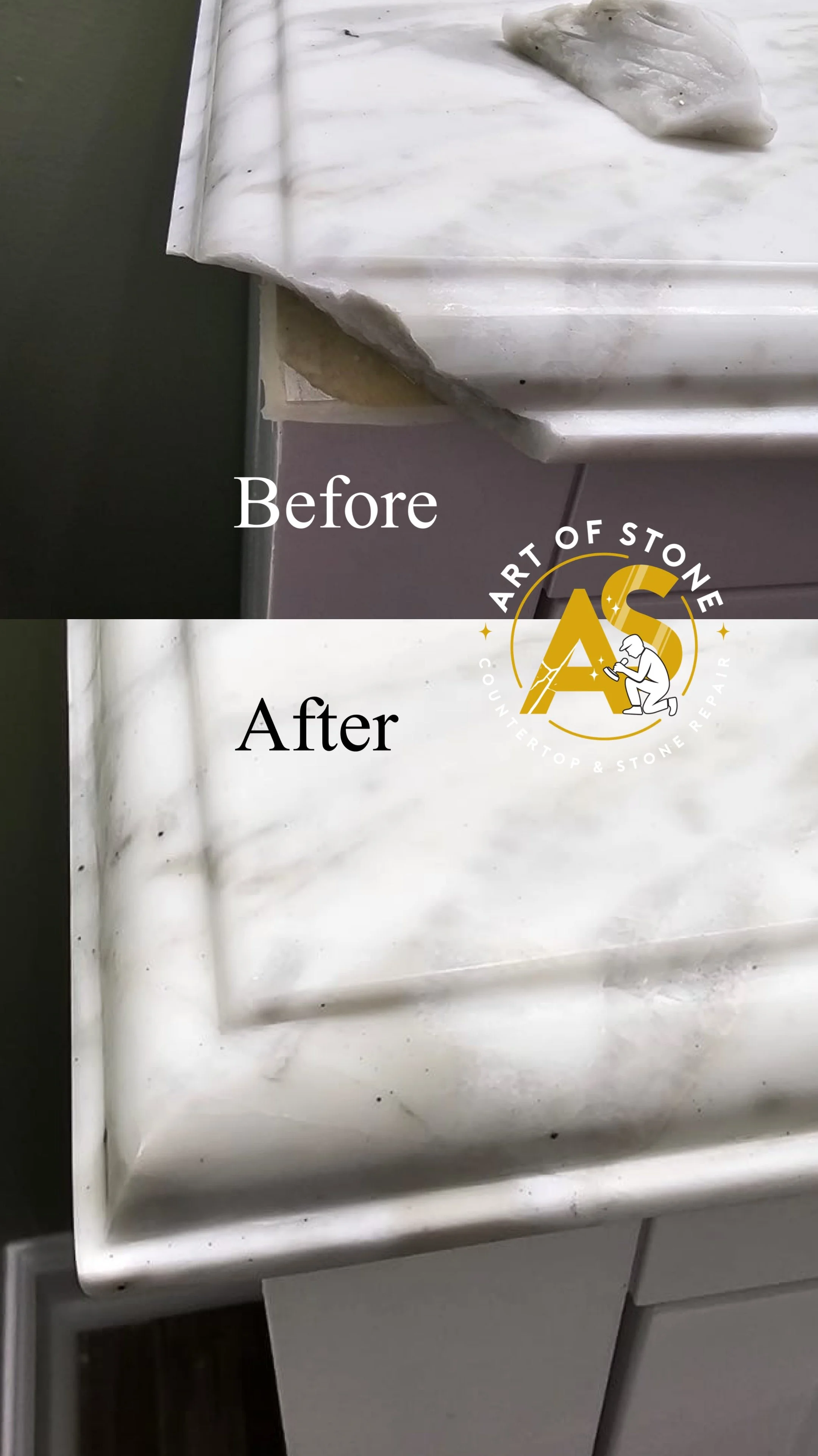 Before and after Marble Vanity Edge Repair  with structural bonding, color matching, and professional polishing to restore the original edge profile.