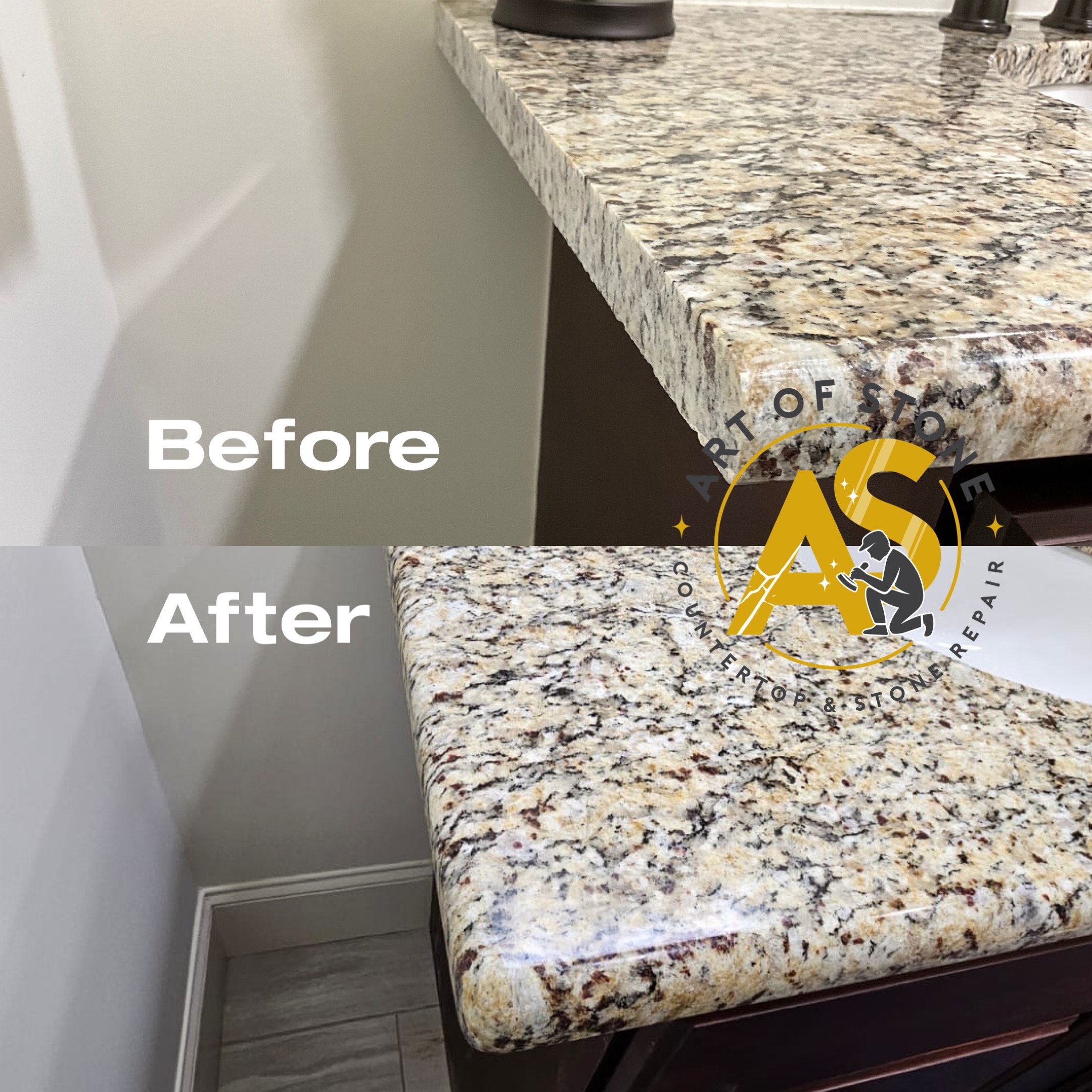Before ad after on-site Granite Vanity Edge Rounding and Professional Polishing, transforming a sharp edge into a smooth, rounded, professionally finished surface.