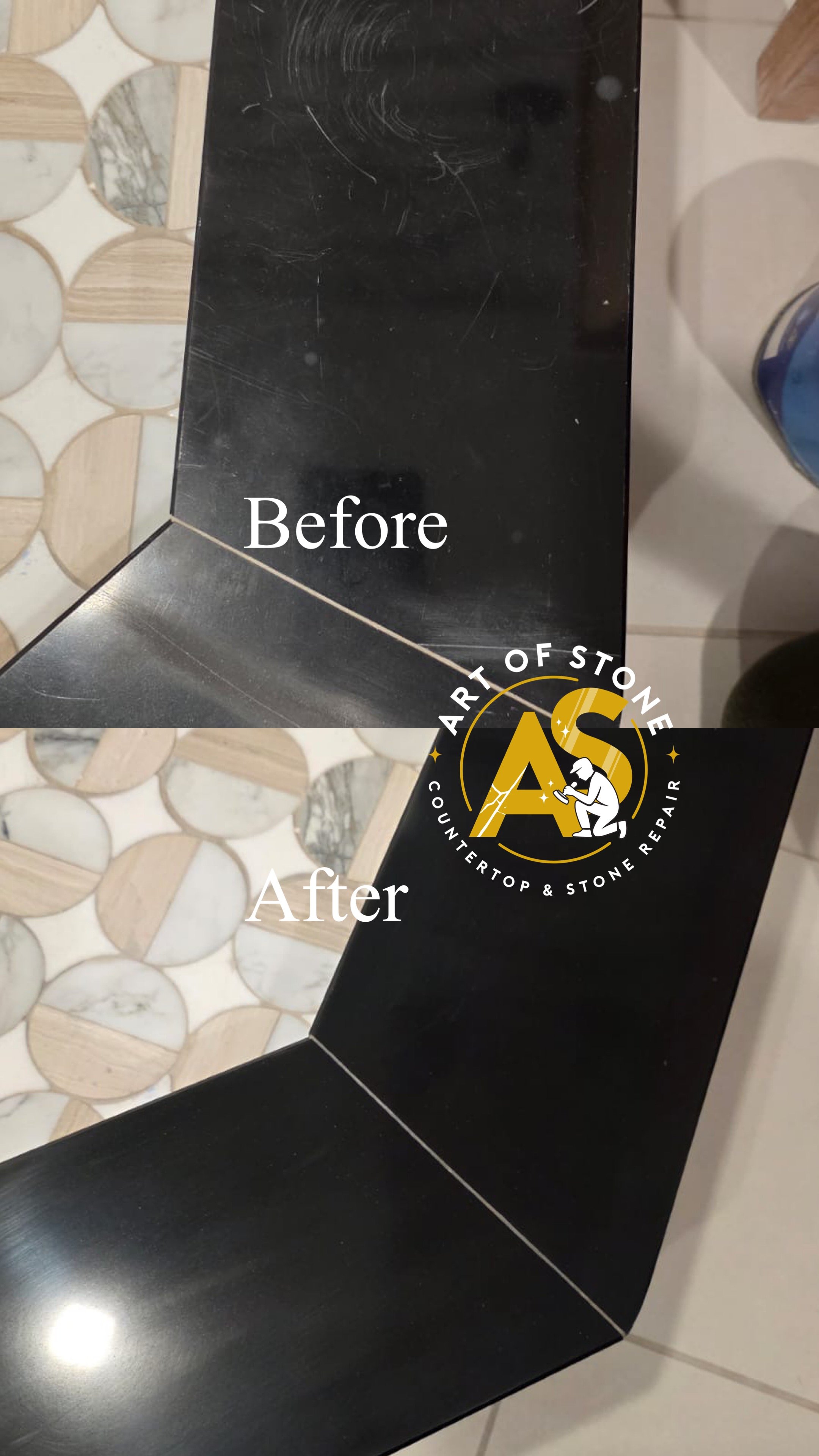 Before and after quartz shower threshold (curb) polishing with scratch and stain removal, restoring a smooth, clean, and uniform surface finish. 