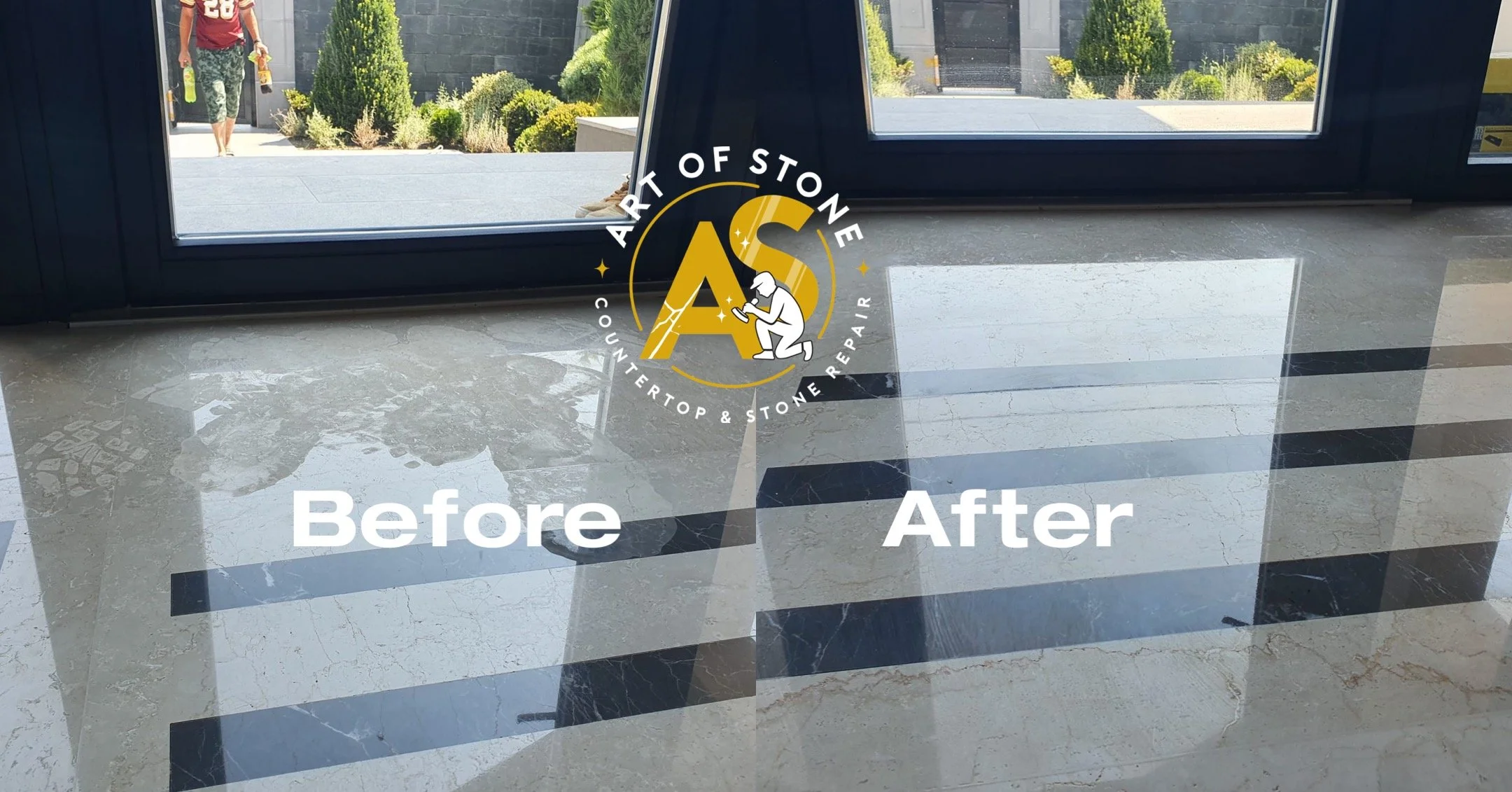 Before and after marble floor polishing to remove acid etching and restore natural shine