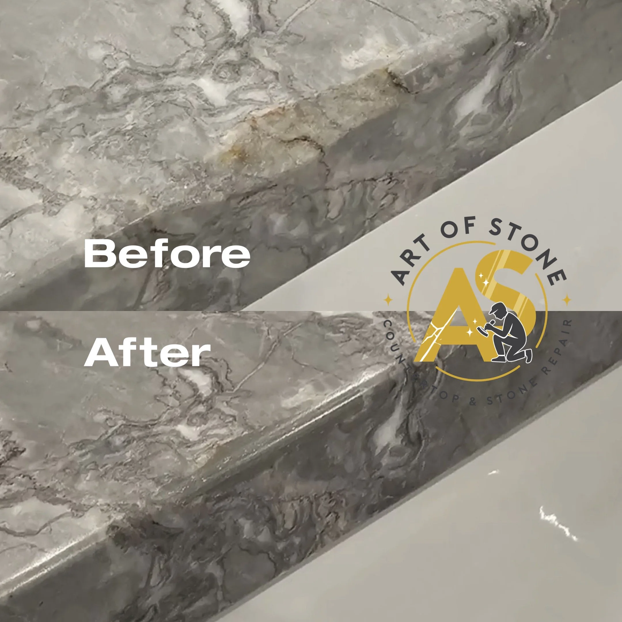 Before and after marble countertop edge chip repair with structural filling, color matching, and professional polishing for a seamless result. 