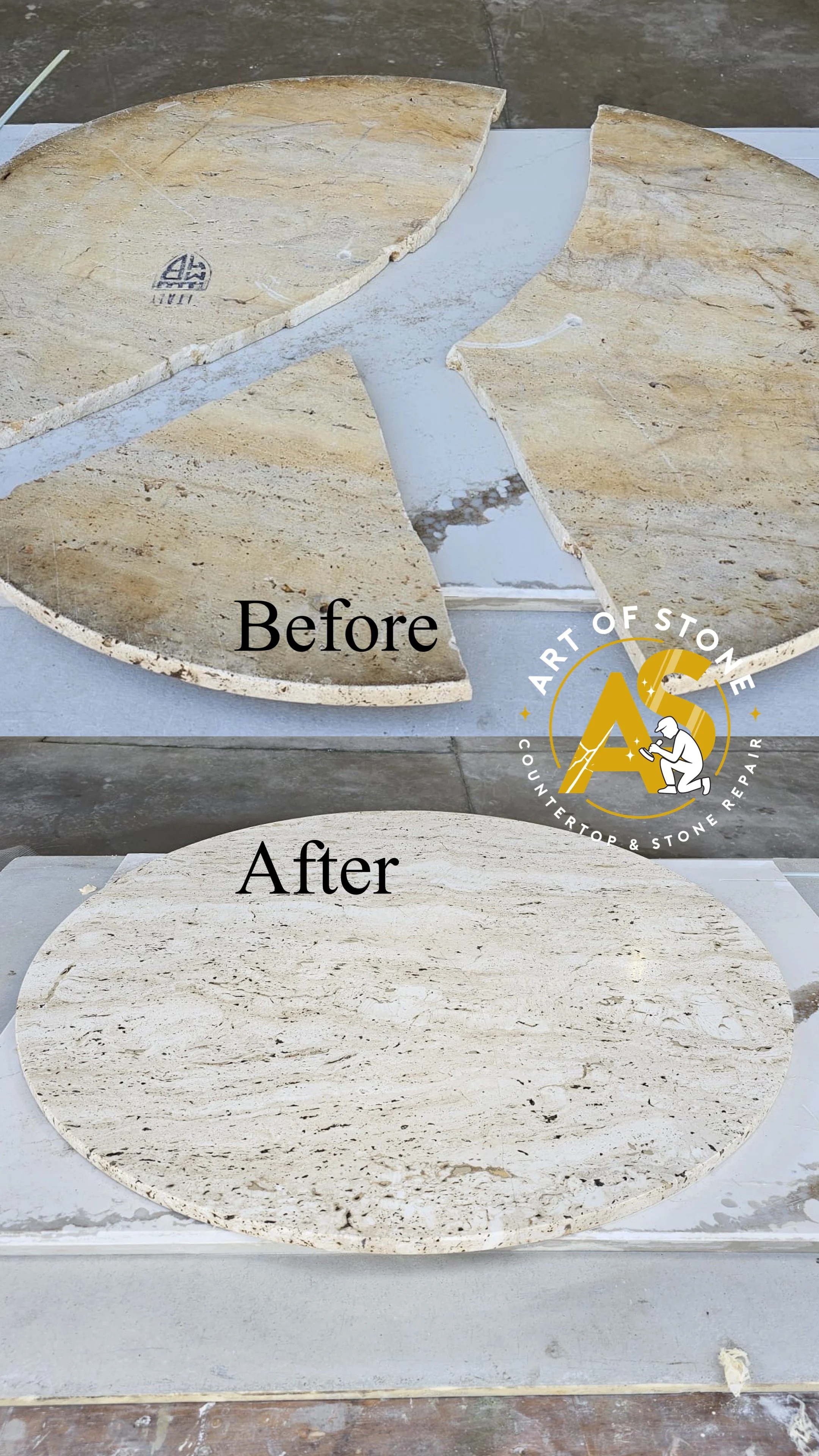 Before and after restoration of a broken round travertine tabletop, professionally bonded, leveled, and refinished to original condition.