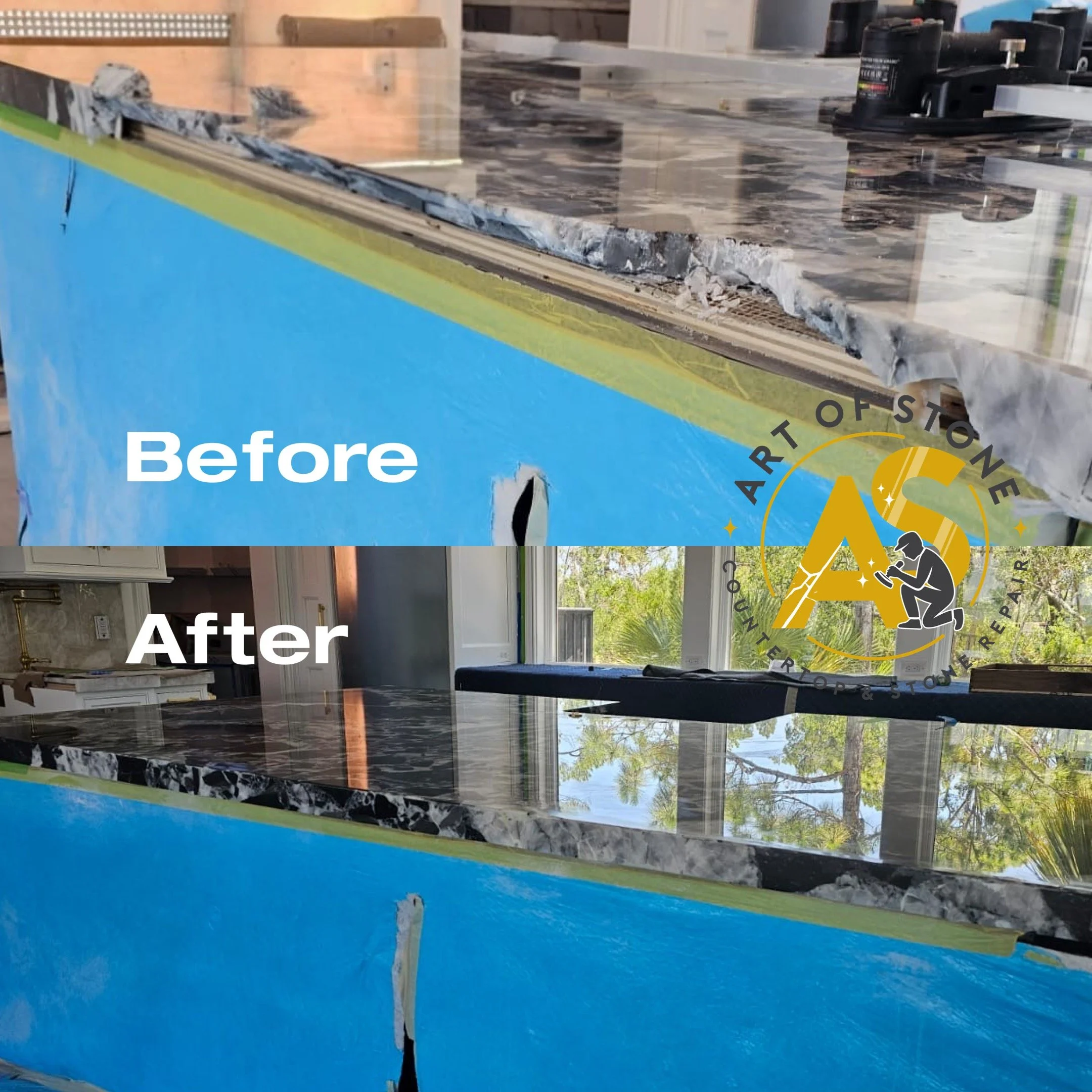 Before and after repair of severely damaged stone countertop edge with structural rebuilding and high-gloss refinishing.
