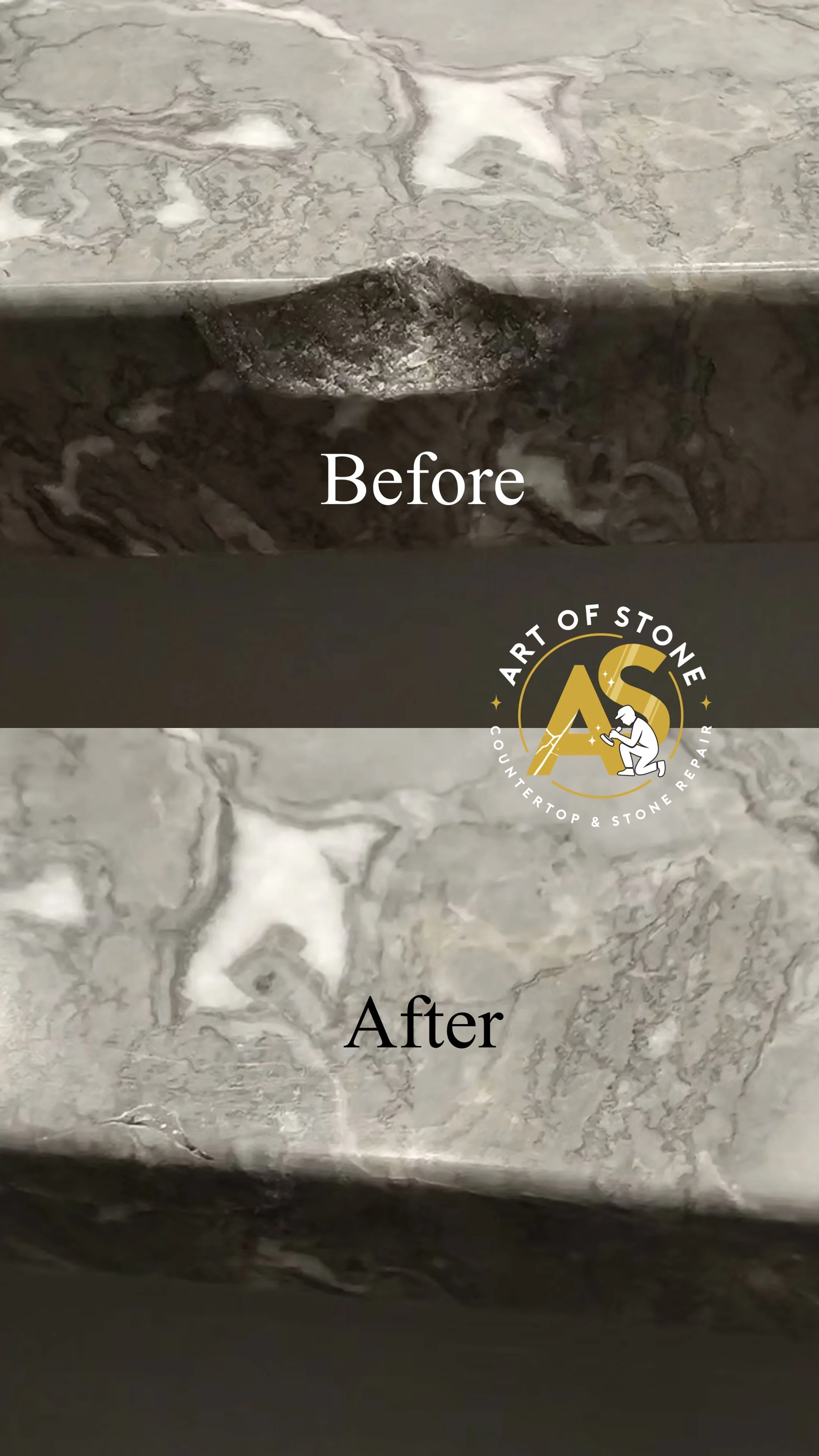 Before and after Deep Marble Countertop Chip Repair - On-Site Restoration, restoring damaged edge with precision filling, blending, and surface polishing performed on-site.