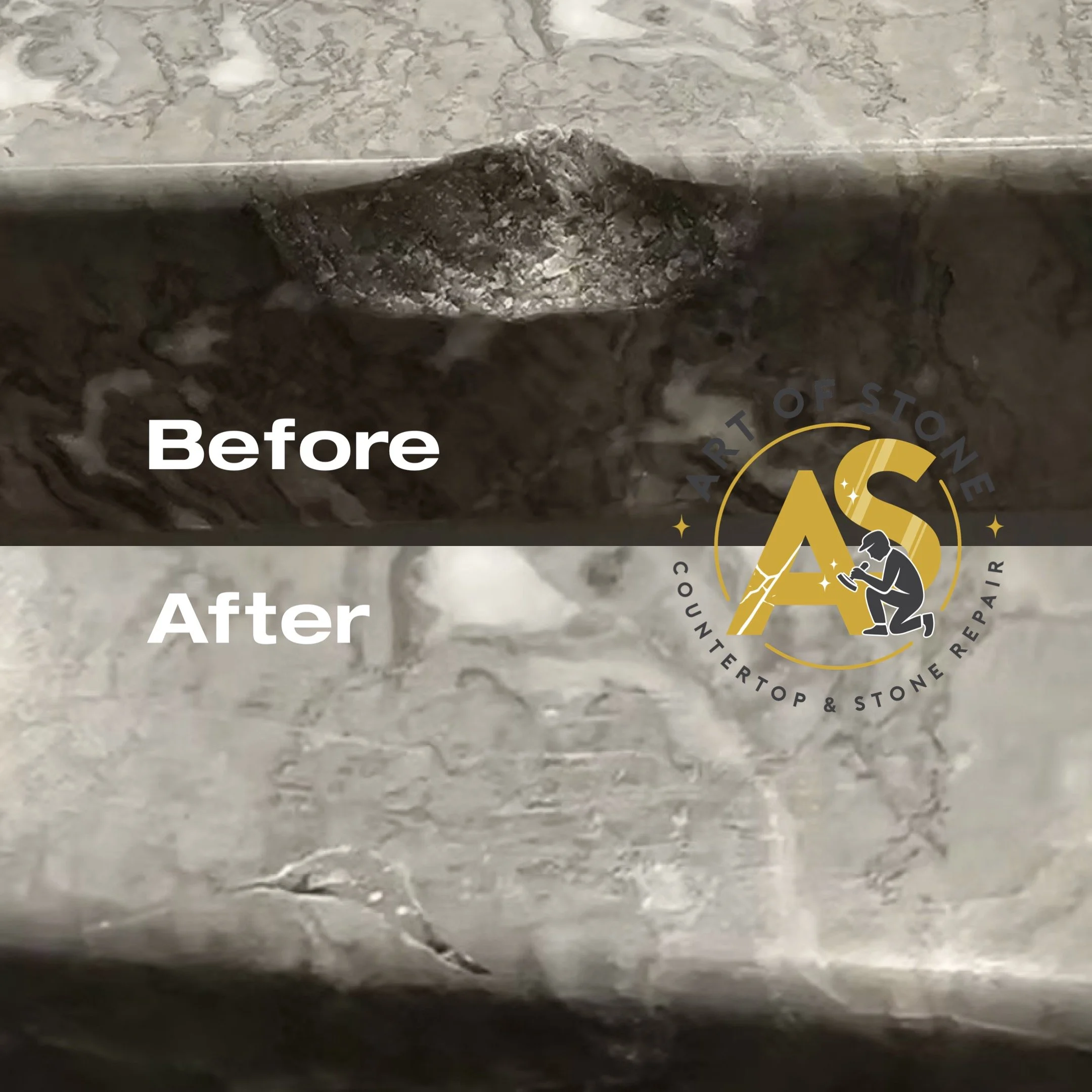Before and after Deep Marble Countertop Chip Repair - On-Site Restoration, restoring damaged edge with precision filling, blending, and surface polishing performed on-site.