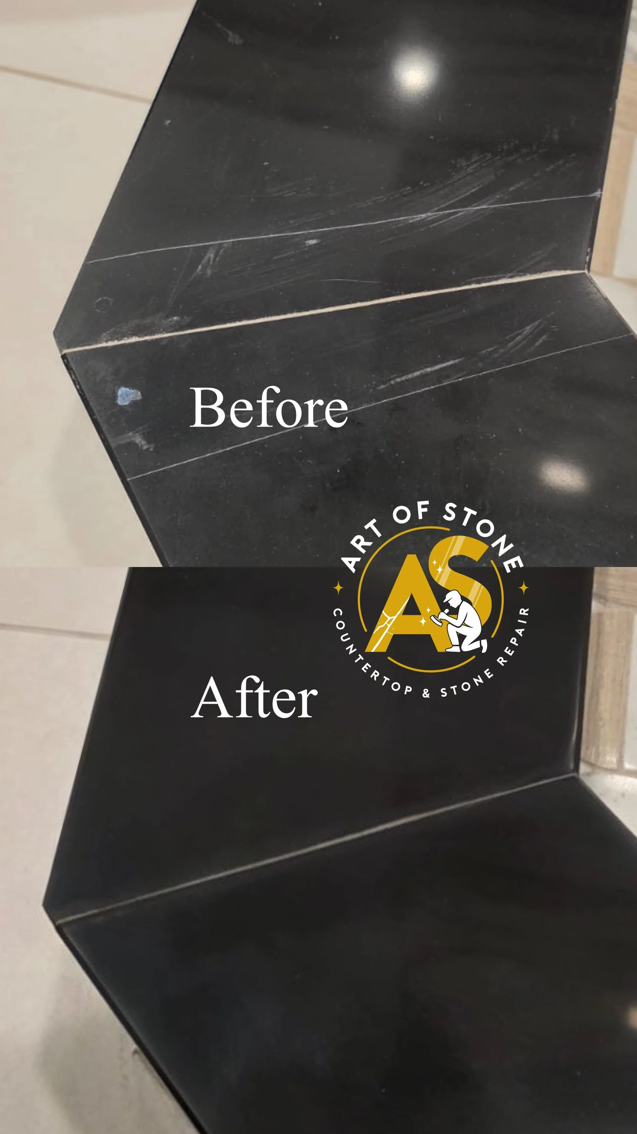 Quartz shower curb polishing and scratch removal before and after in Charleston SC