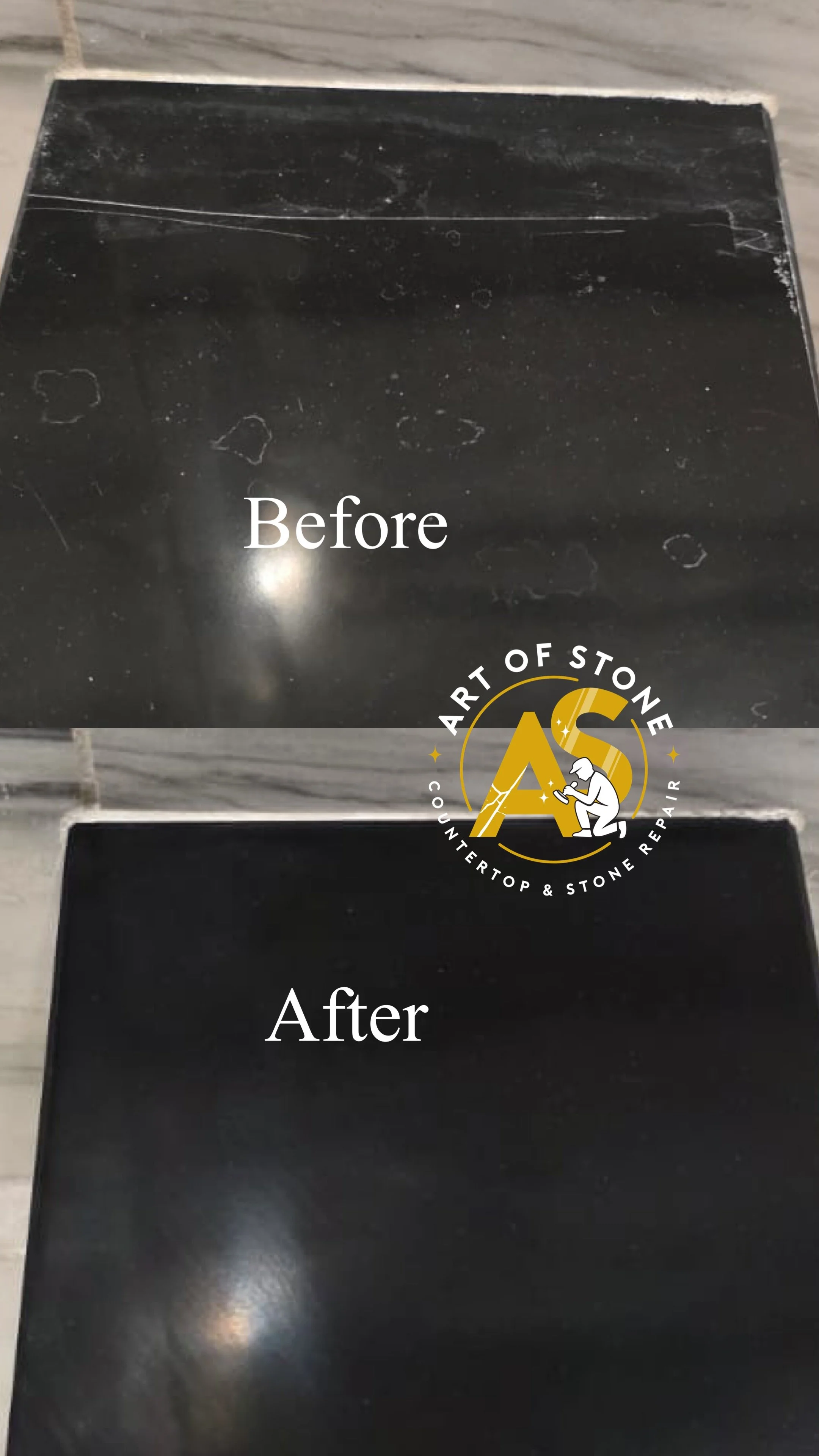 Before and after quartz shower threshold (curb) polishing with scratch and stain removal, restoring a smooth, clean, and uniform surface finish. 
