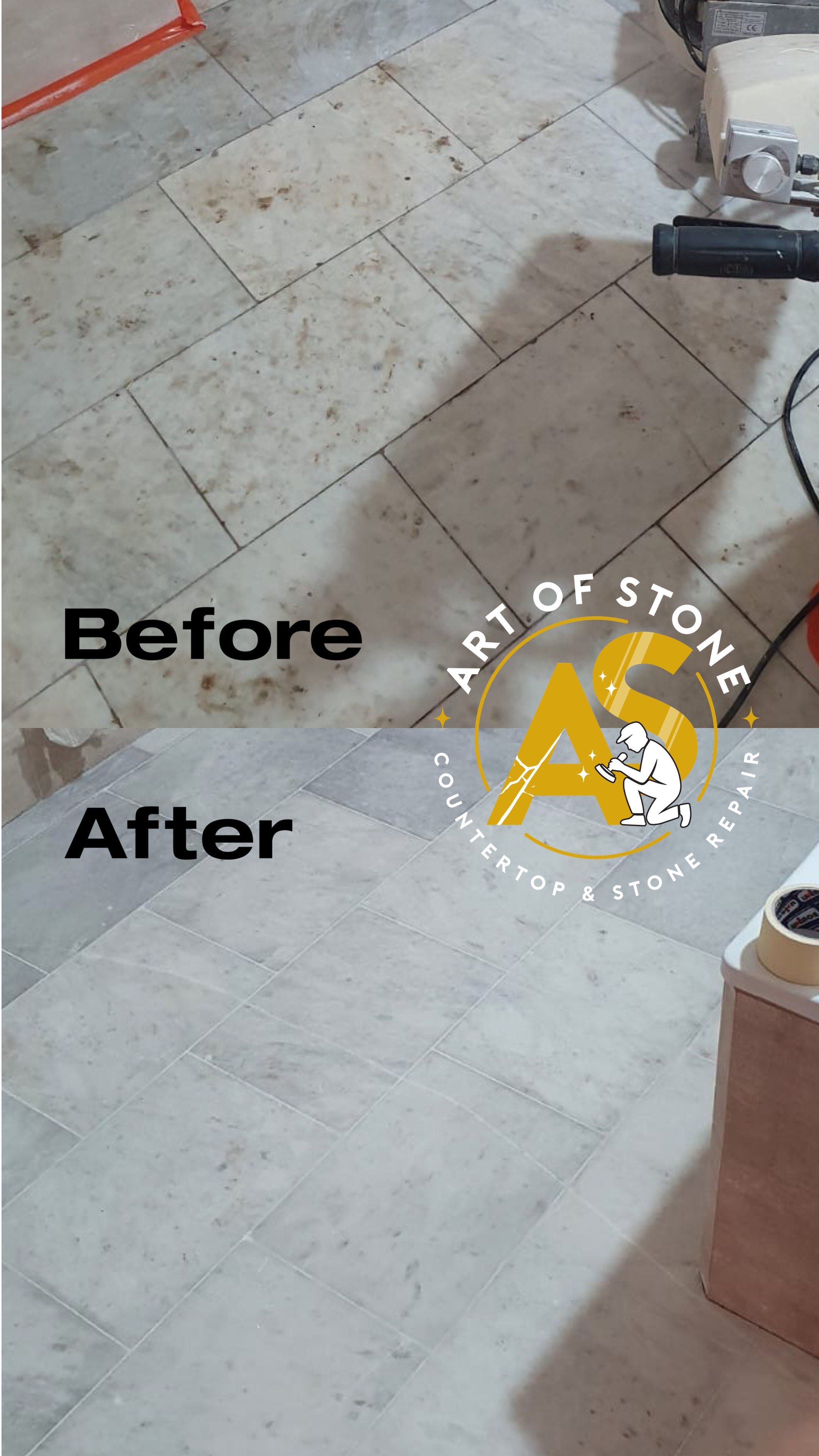 Marble Tile floor regrouting before and after – grout restoration in Charleston, SC