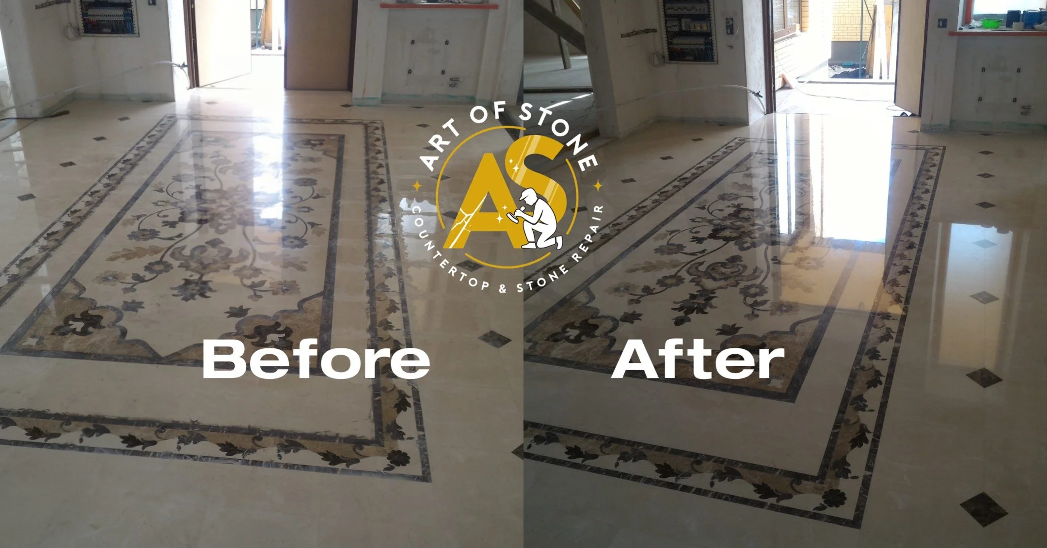 Marble floor with decorative inlay before and after polishing and crystallization treatment