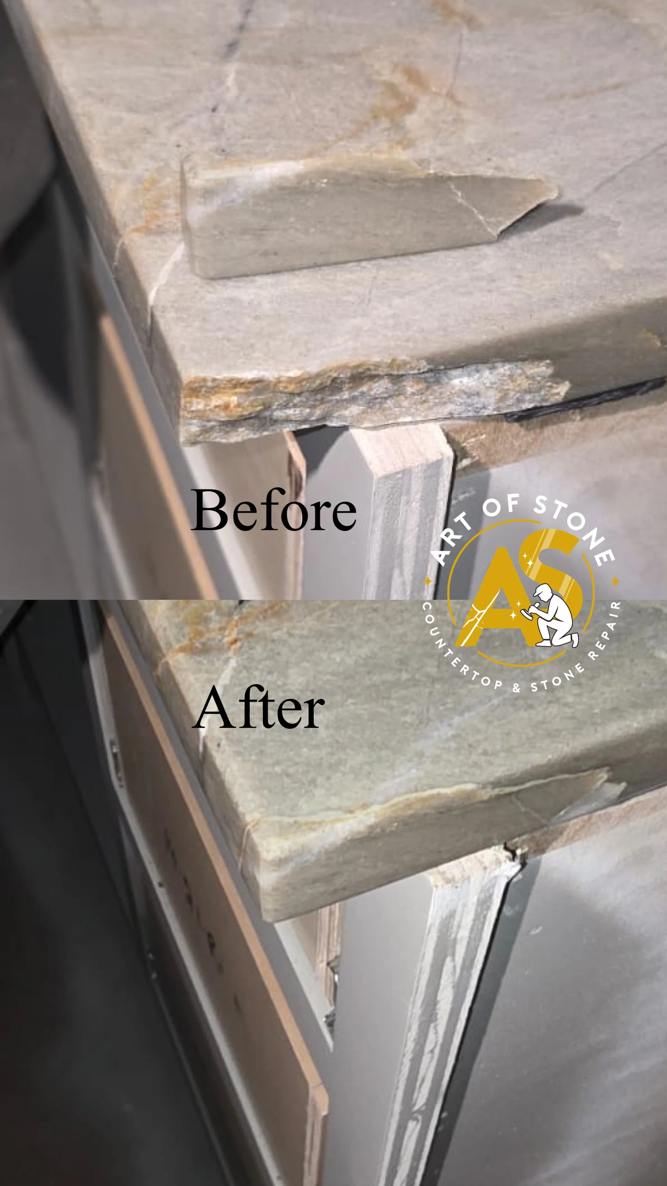 Before and after Quartzite kitchen Countertop Edge Repair with structural bonding, color matching, and professional polishing to restore the original edge profile.