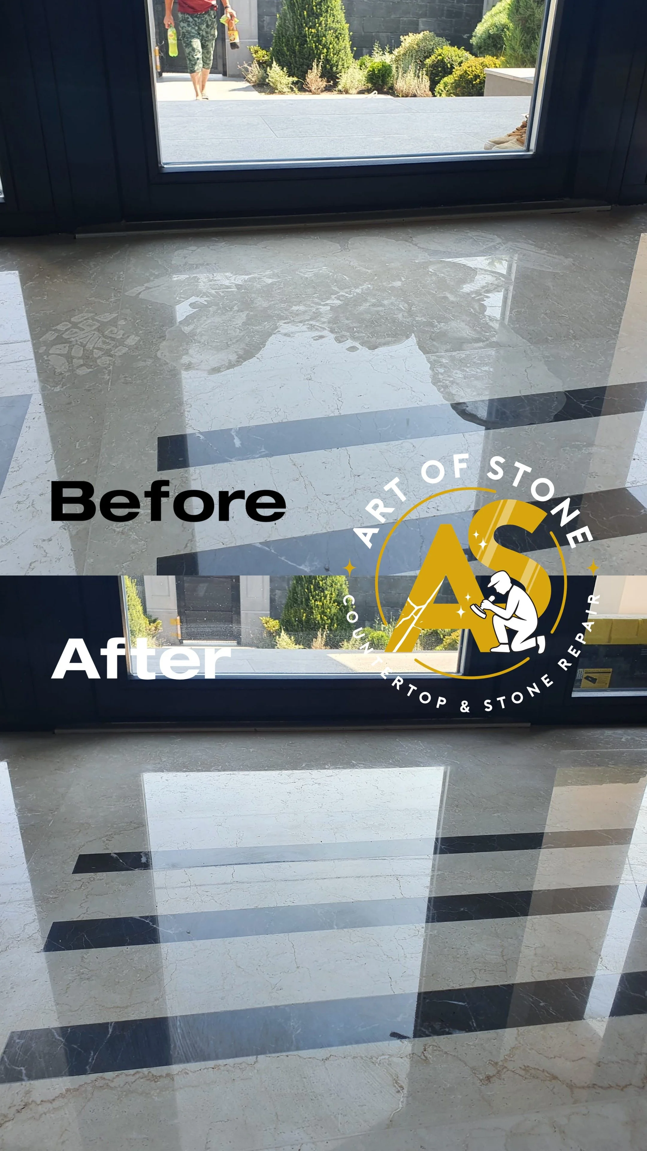 Before and after marble floor polishing to remove acid etching and restore natural shine