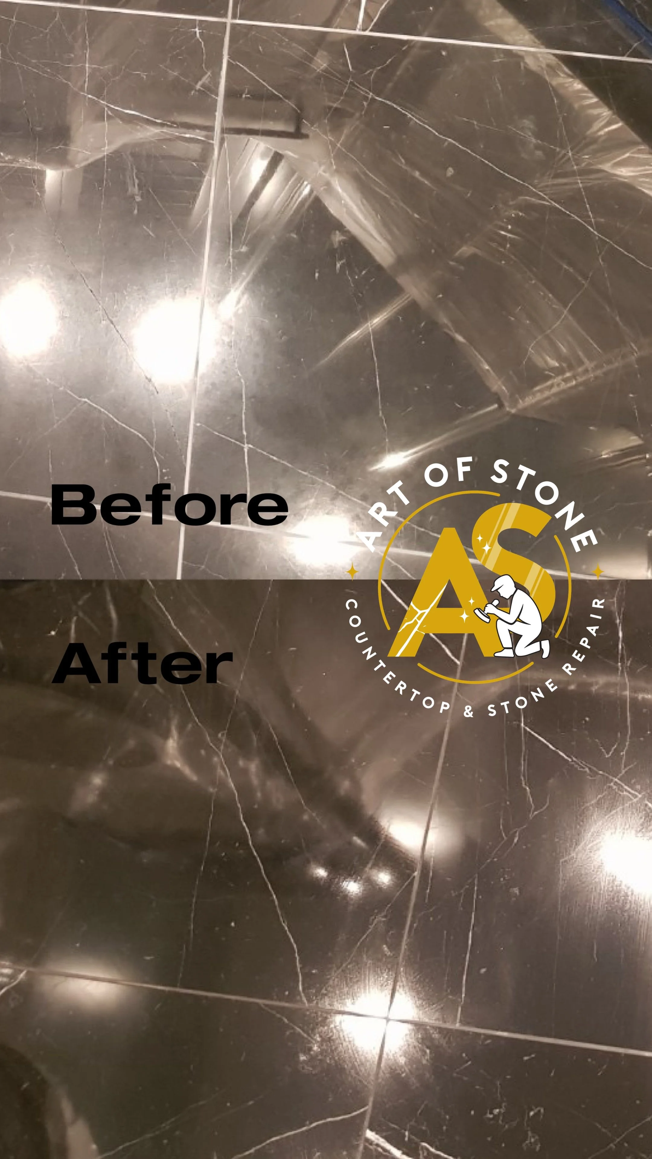 Before and after marble floor deep cleaning and color-enhancing sealer application, restoring shine and rich natural color