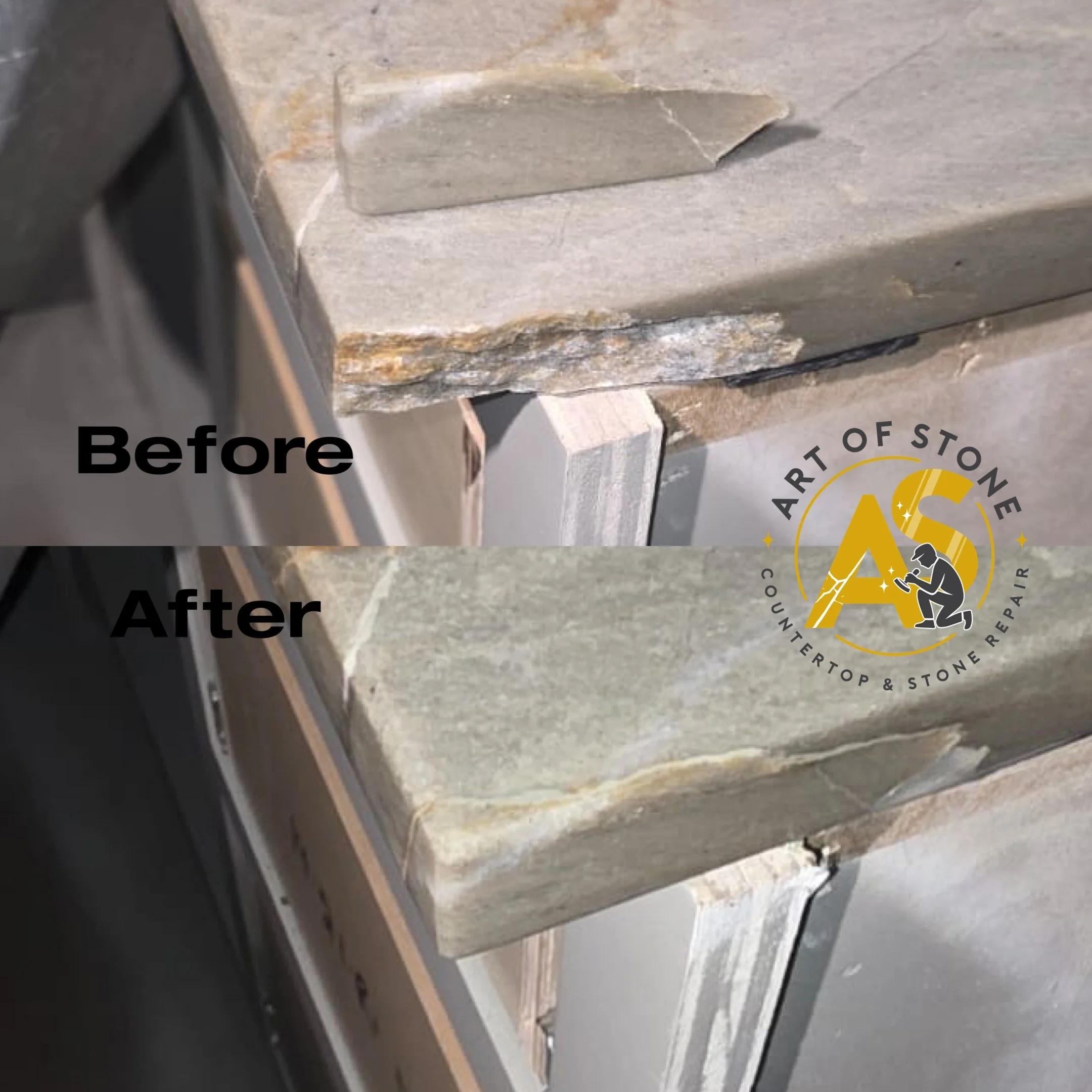 Before and after Quartzite kitchen Countertop Edge Repair with structural bonding, color matching, and professional polishing to restore the original edge profile.
