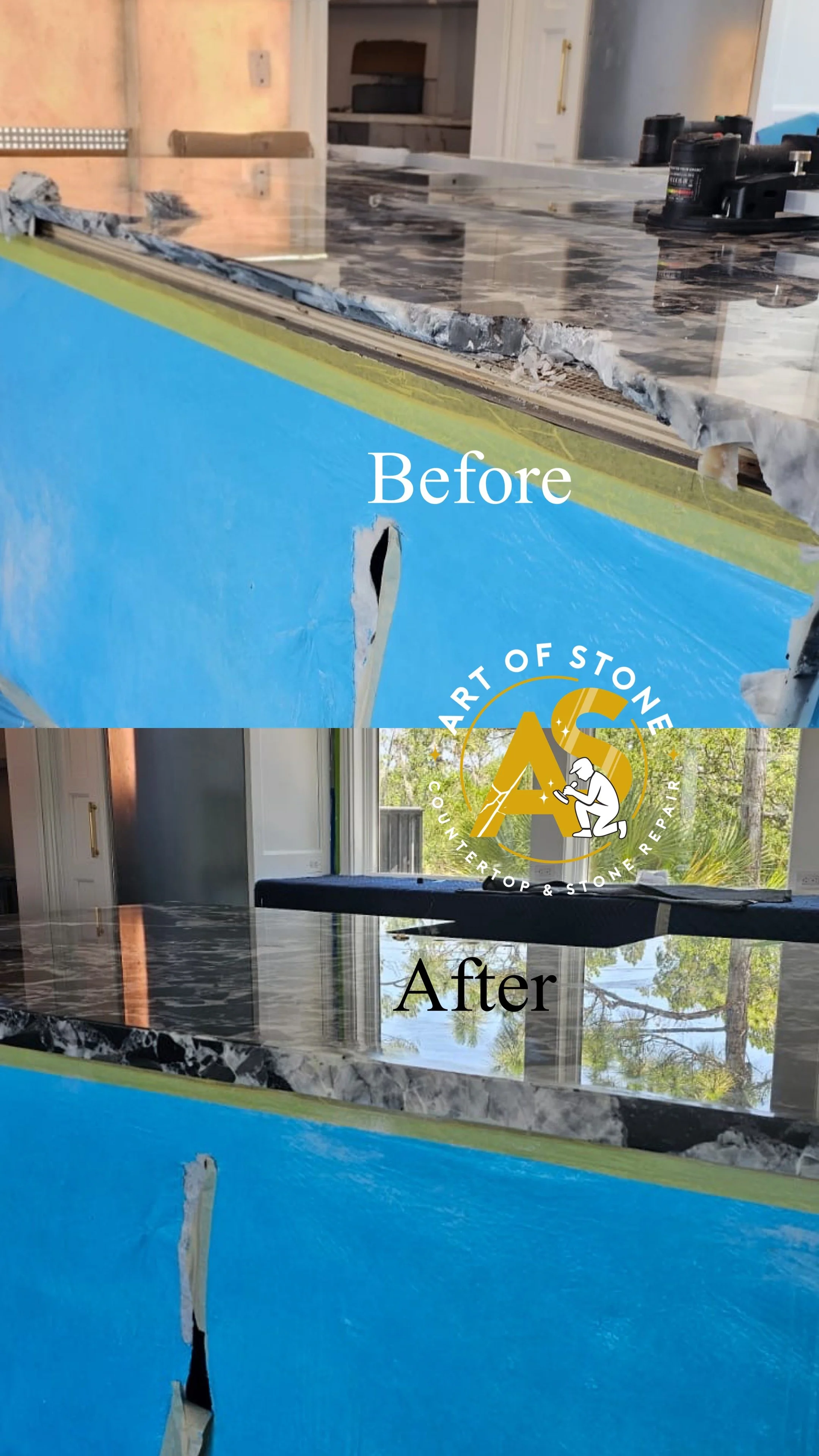 Before and after repair of severely damaged stone countertop edge with structural rebuilding and high-gloss refinishing.