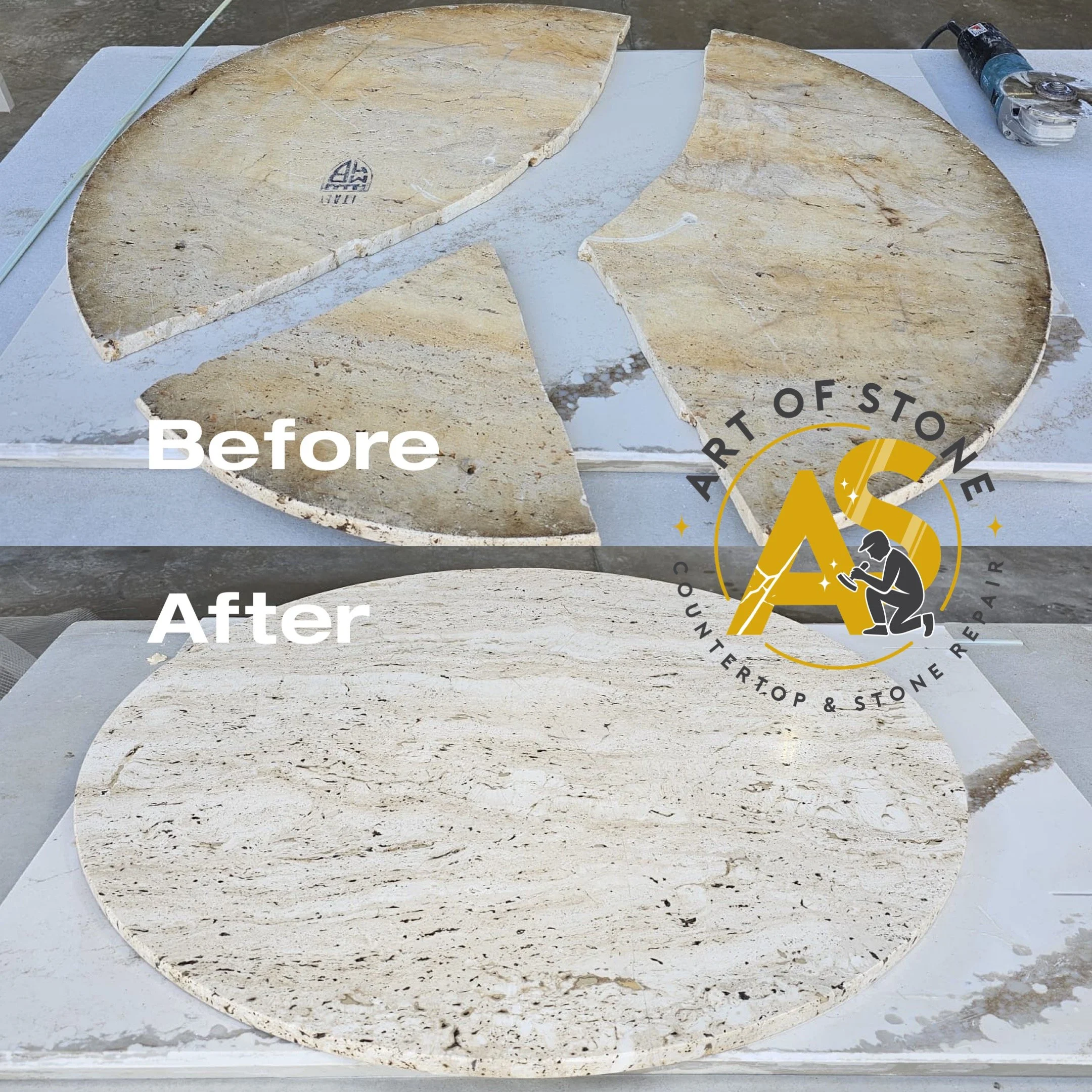 Before and after restoration of a broken round travertine tabletop, professionally bonded, leveled, and refinished to original condition.