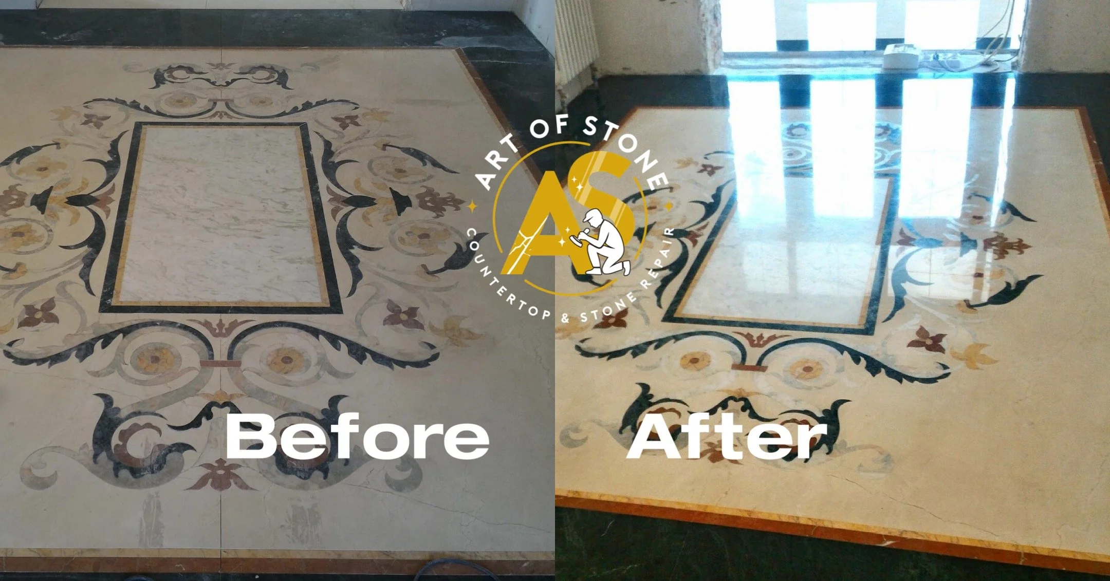 Before and after marble floor polishing and crystallization, restoring natural shine and reflective finish