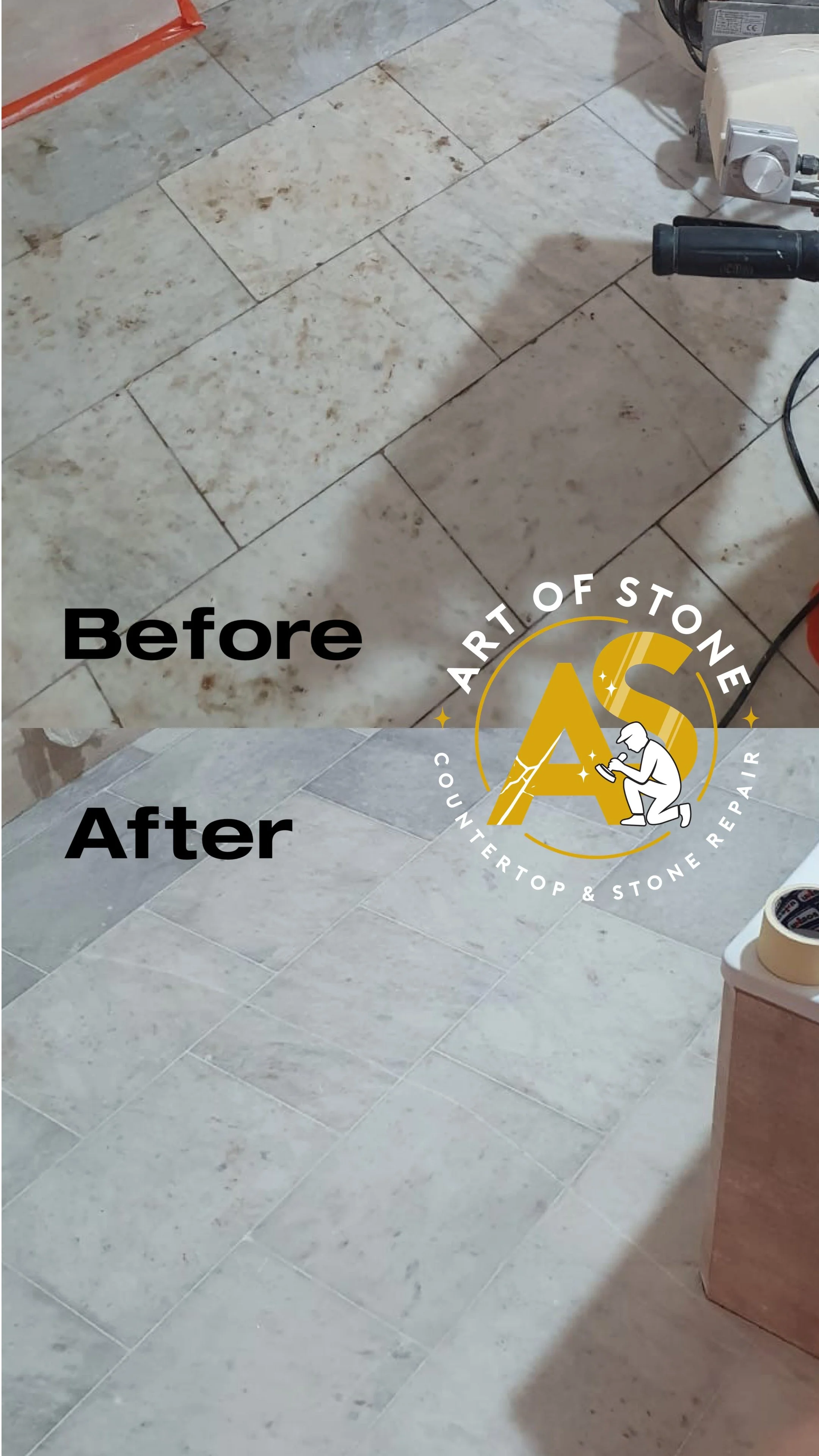 Before and after natural stone tile deep cleaning and regrouting with color-matched grout