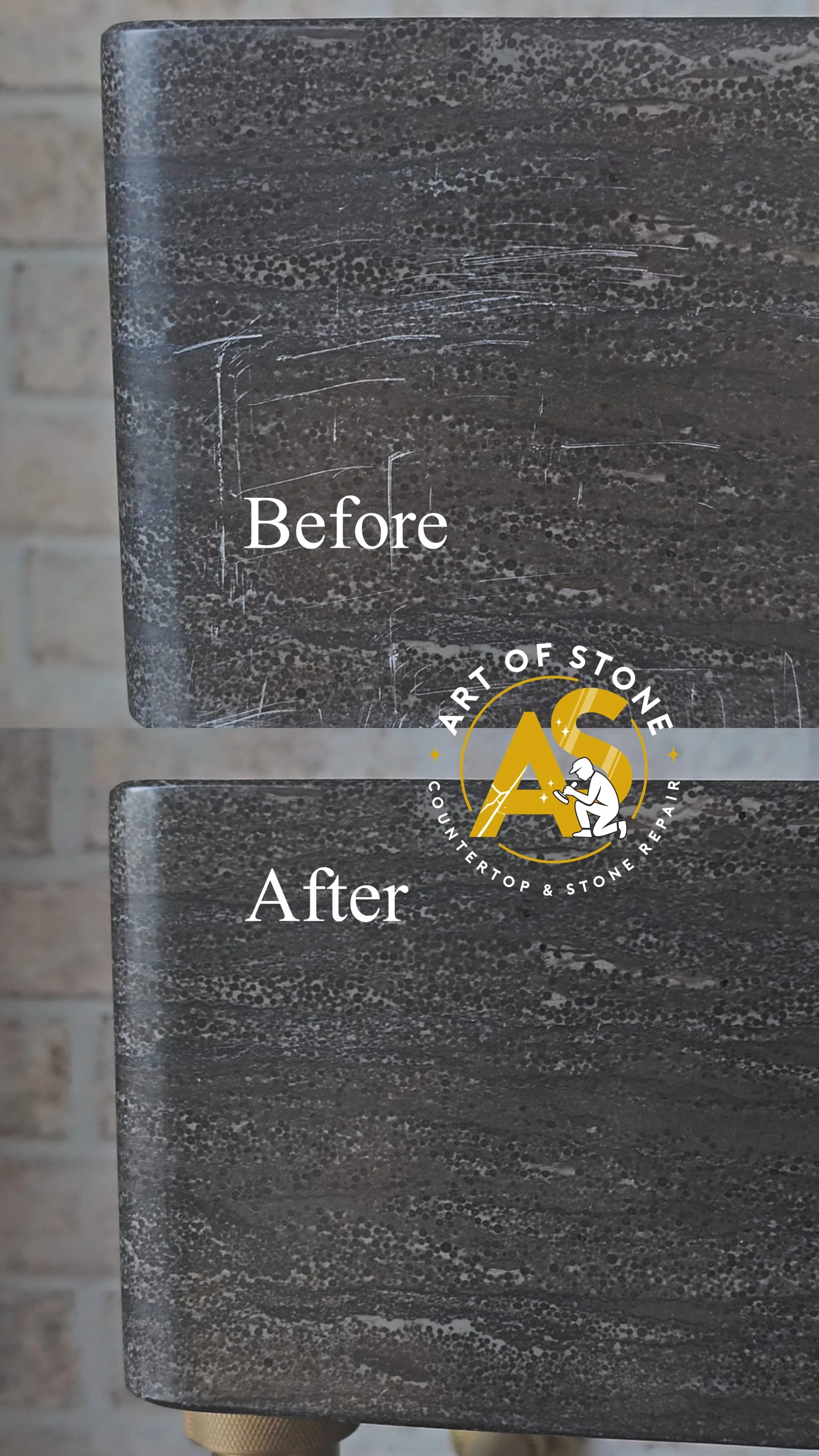 Before and after dark stone surface refinishing with scratch removal, honing, and uniform texture restoration.