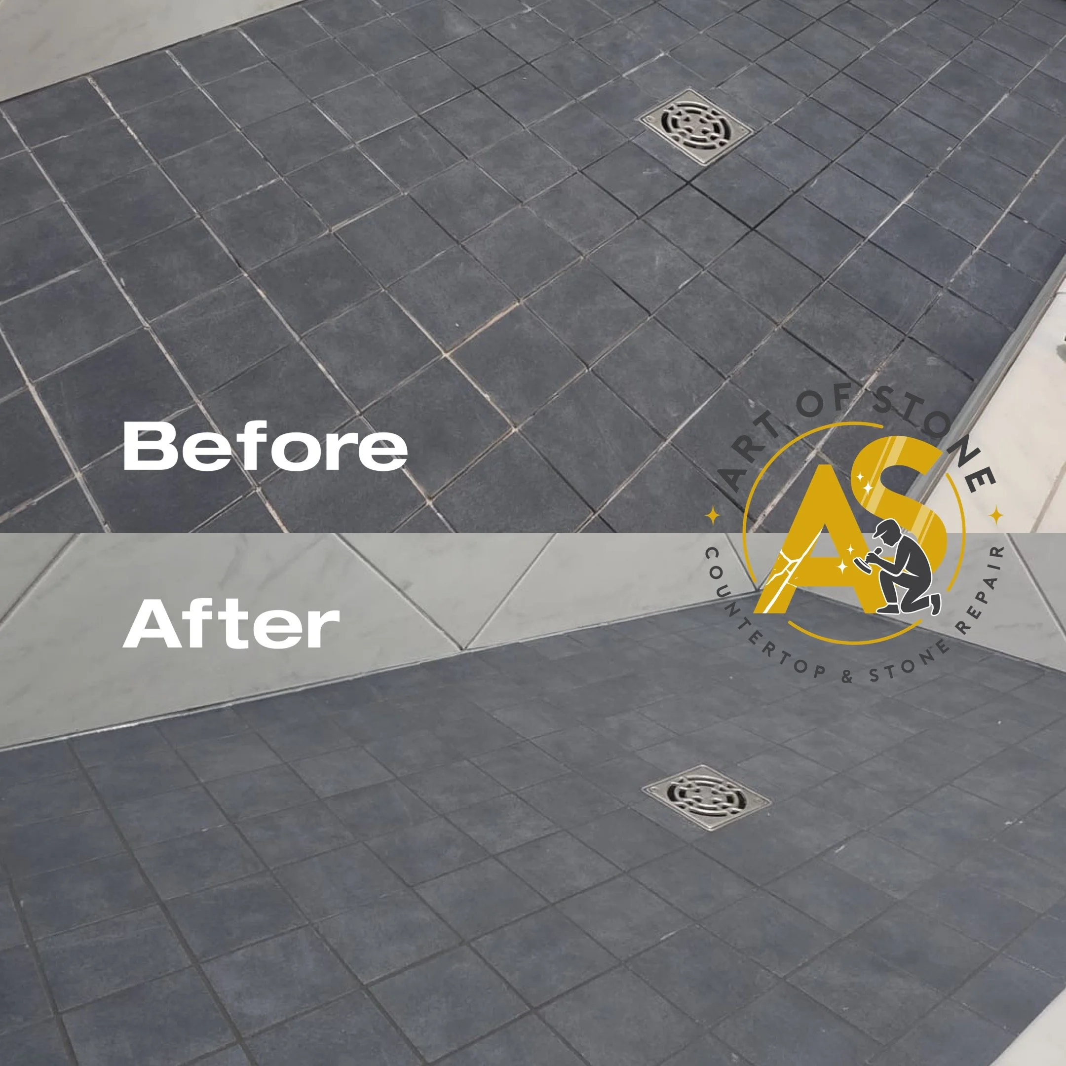 Shower floor restoration before and after, old grout removal, new grout installation, and silicone replacement in Charleston SC