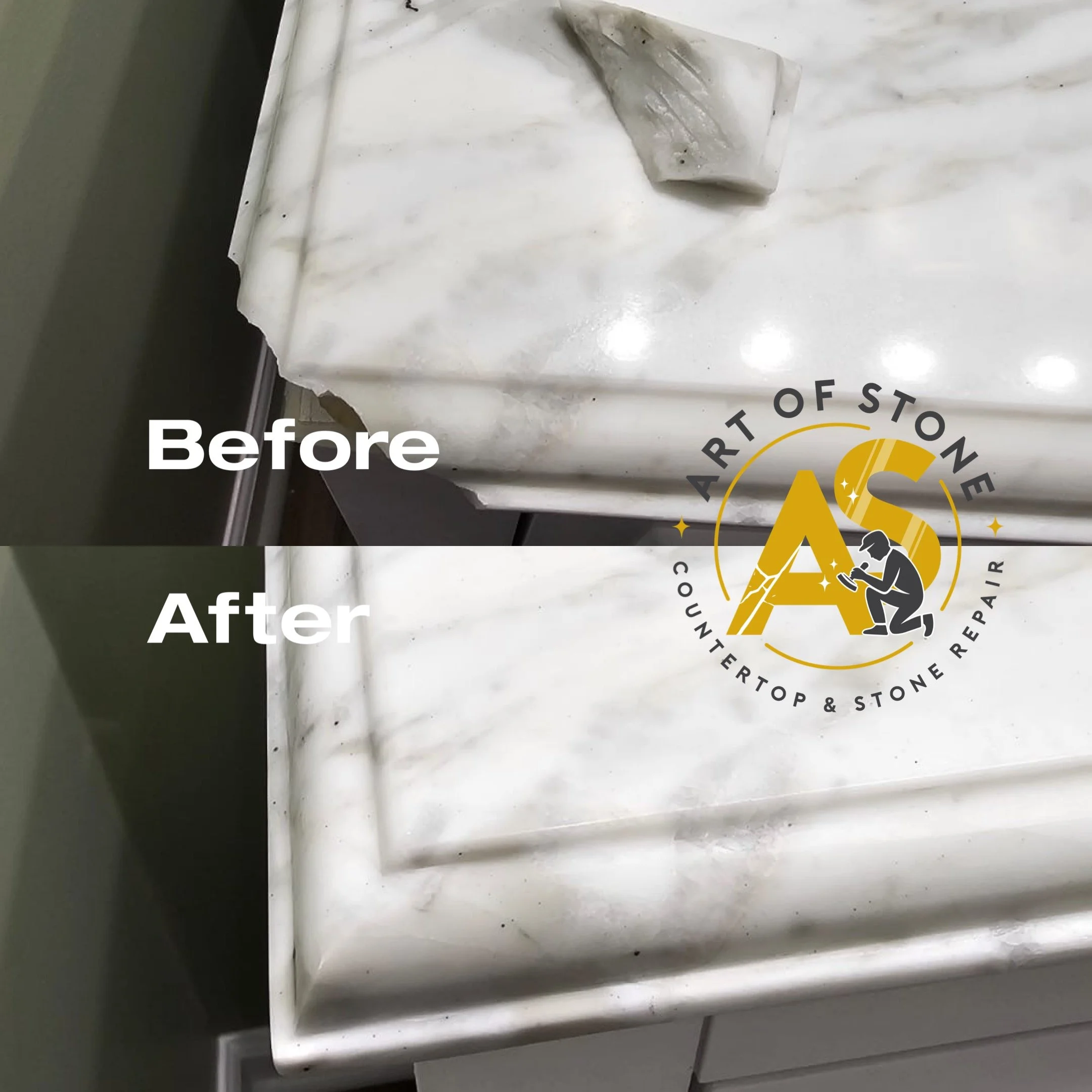 Before and after Marble Vanity Edge Repair  with structural bonding, color matching, and professional polishing to restore the original edge profile.