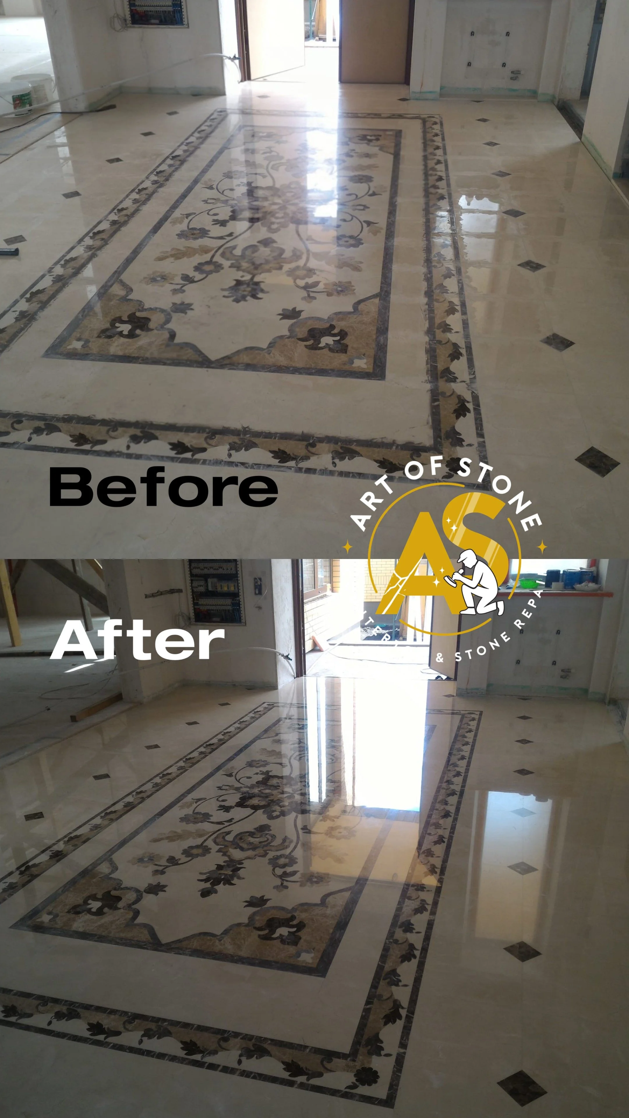Marble floor with decorative inlay before and after polishing and crystallization treatment